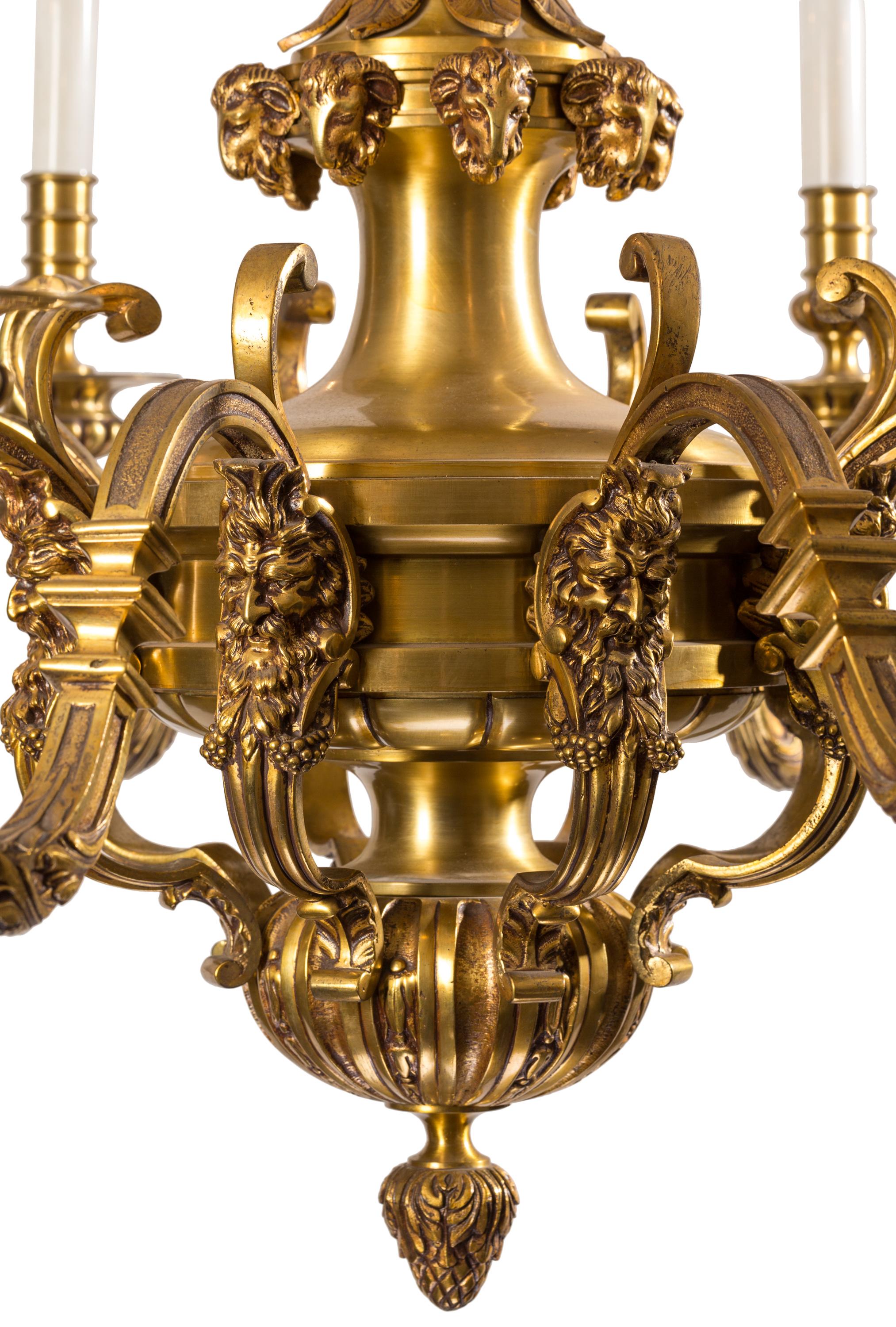 This impressive late 19th century French eight-light brass chandelier in Louis XV style shares many design elements with one made in circa 1700 by André-Charles Boulle for King Frederick II of Prussia. The center column of both chandeliers is