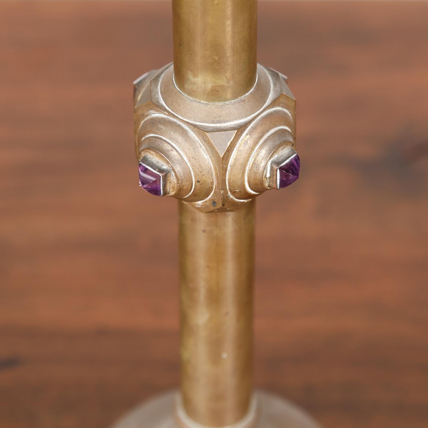 19th Century French Brass Altar Candlesticks with Cabochon Amethysts, Set of 3 10