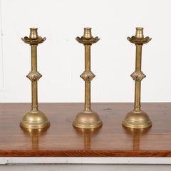 19th Century French Brass Altar Candlesticks with Cabochon Amethysts, Set of 3
