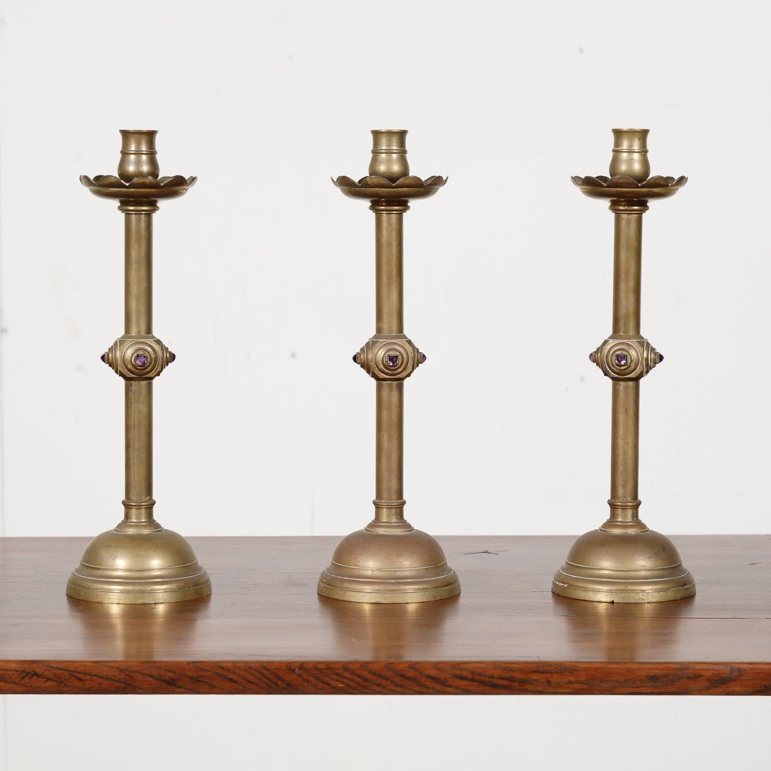 19th Century French Brass Altar Candlesticks with Cabochon Amethysts, Set of 3 In Good Condition In Birmingham, AL