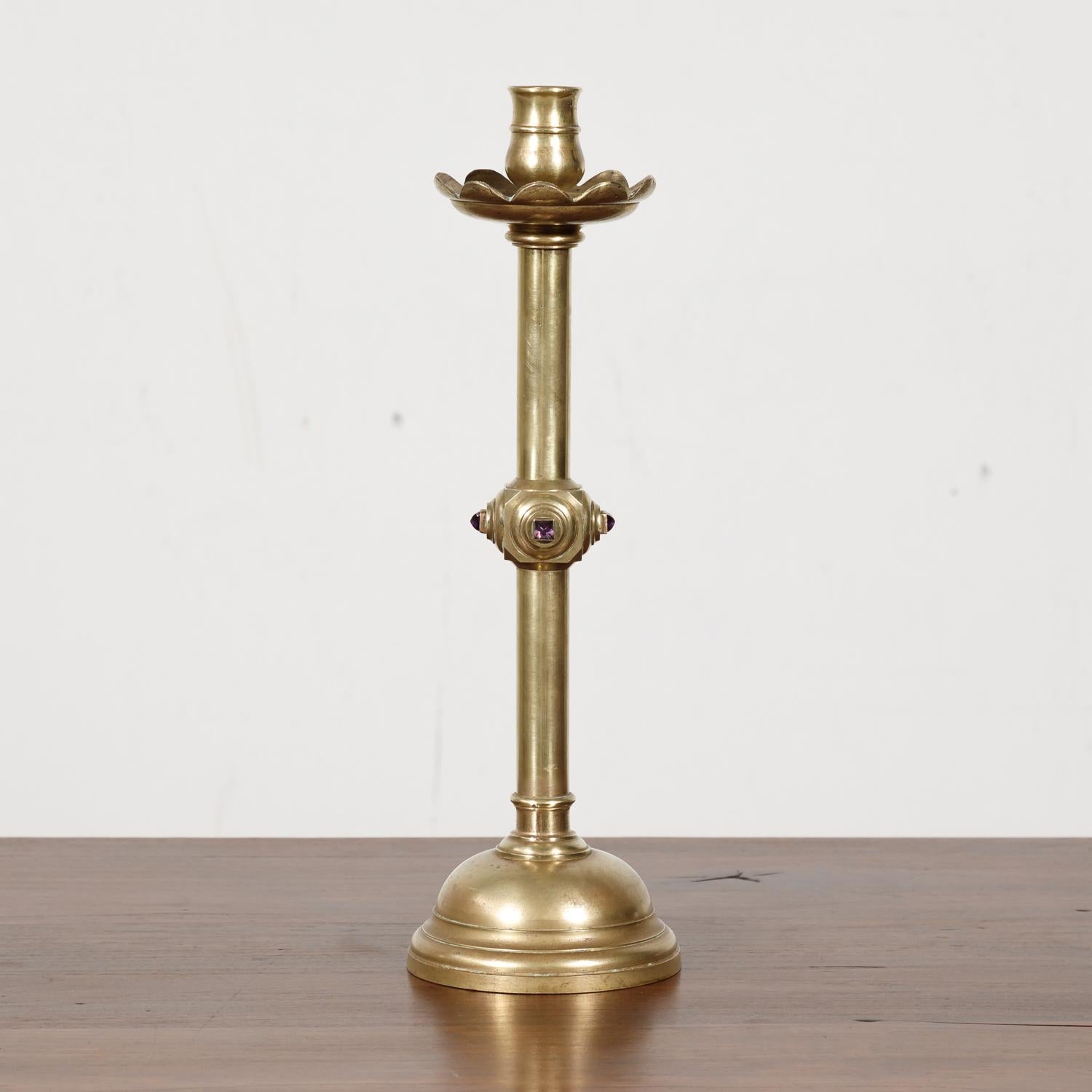 Late 19th Century 19th Century French Brass Altar Candlesticks with Cabochon Amethysts, Set of 3
