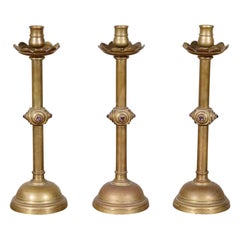 19th Century French Brass Altar Candlesticks with Cabochon Amethysts, Set of 3