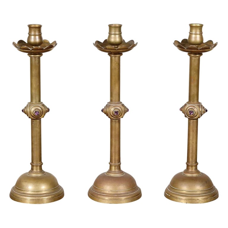 19th Century French Brass Altar Candlesticks with Cabochon Amethysts