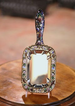19th Century French Brass and Champleve Hand Vanity Mirror with Beveled Glass