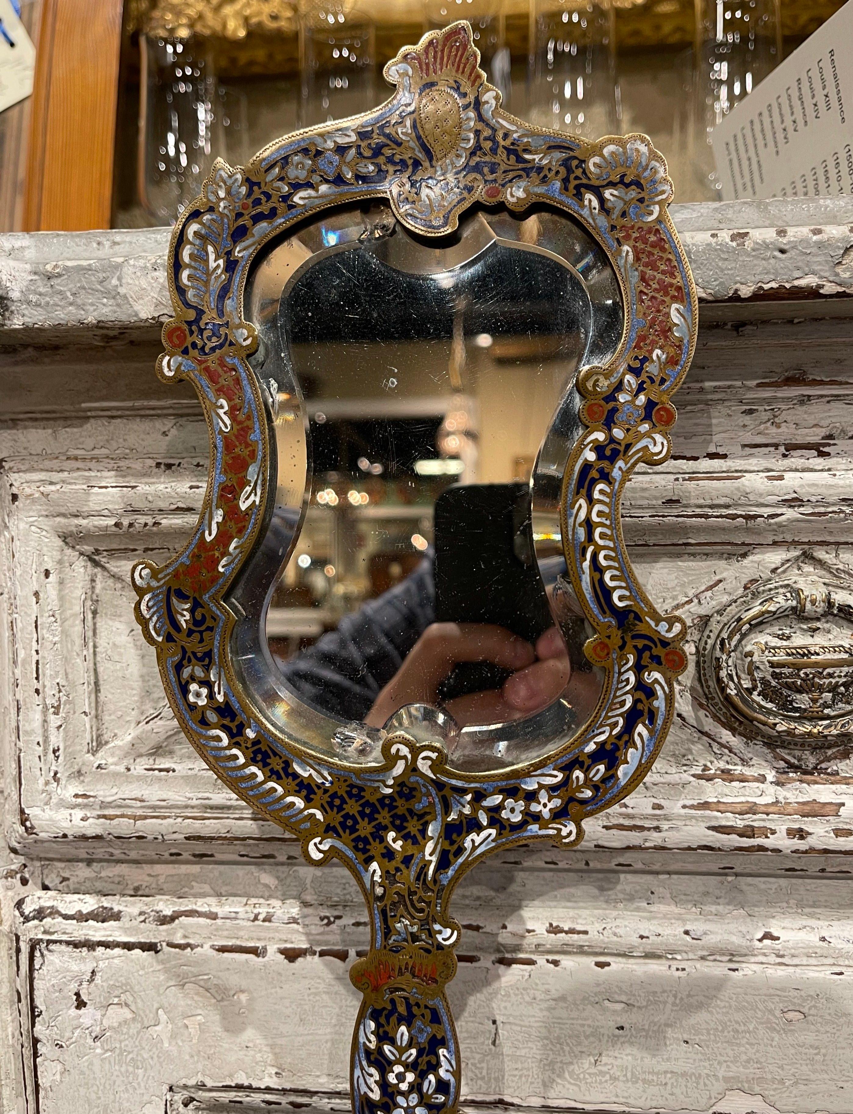 Cloissoné 19th Century French Brass and Champleve Hand Vanity Mirror with Beveled Glass For Sale