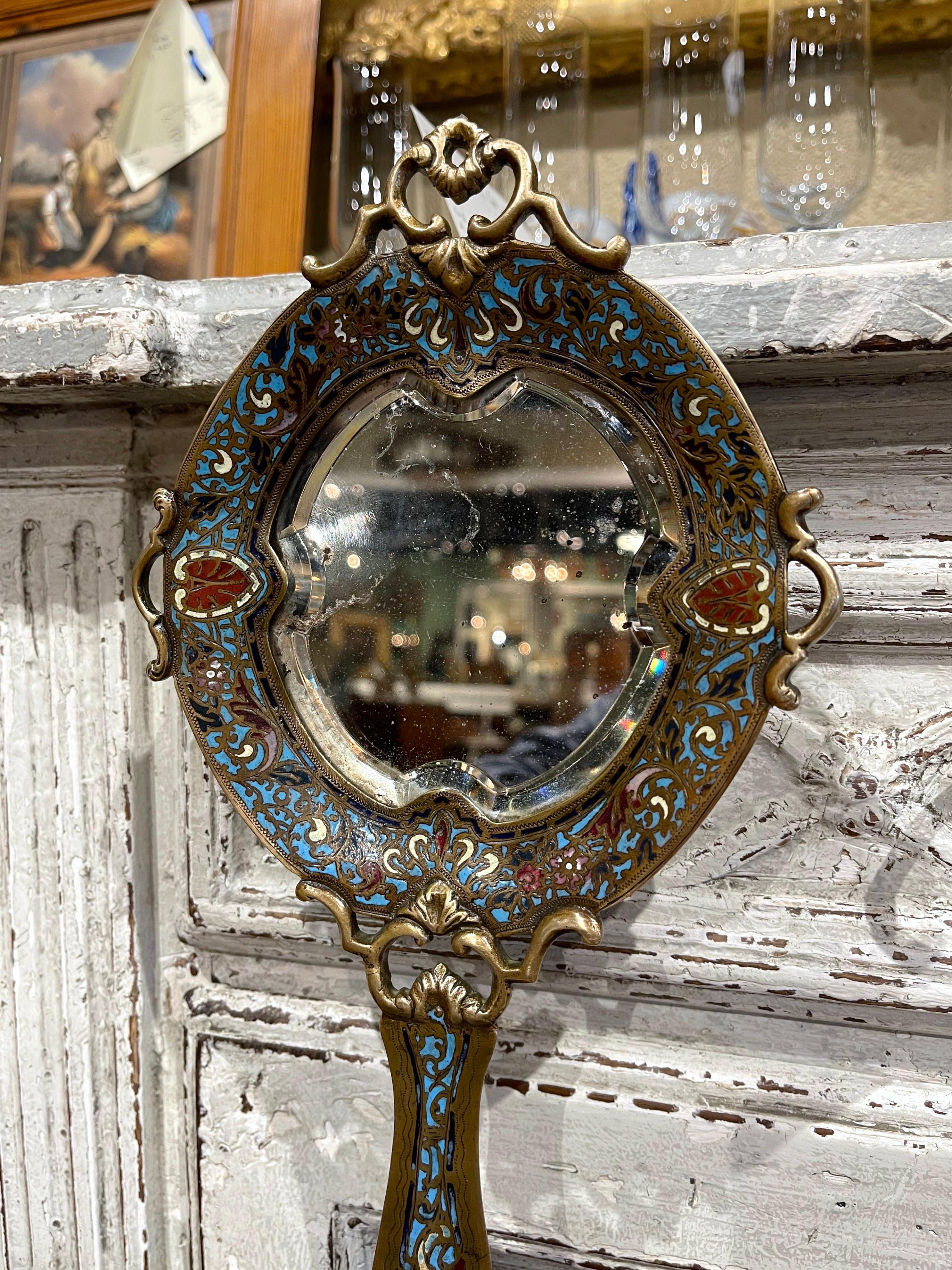 Champlevé 19th Century French Brass and Champleve Hand Vanity Mirror with Beveled Glass For Sale