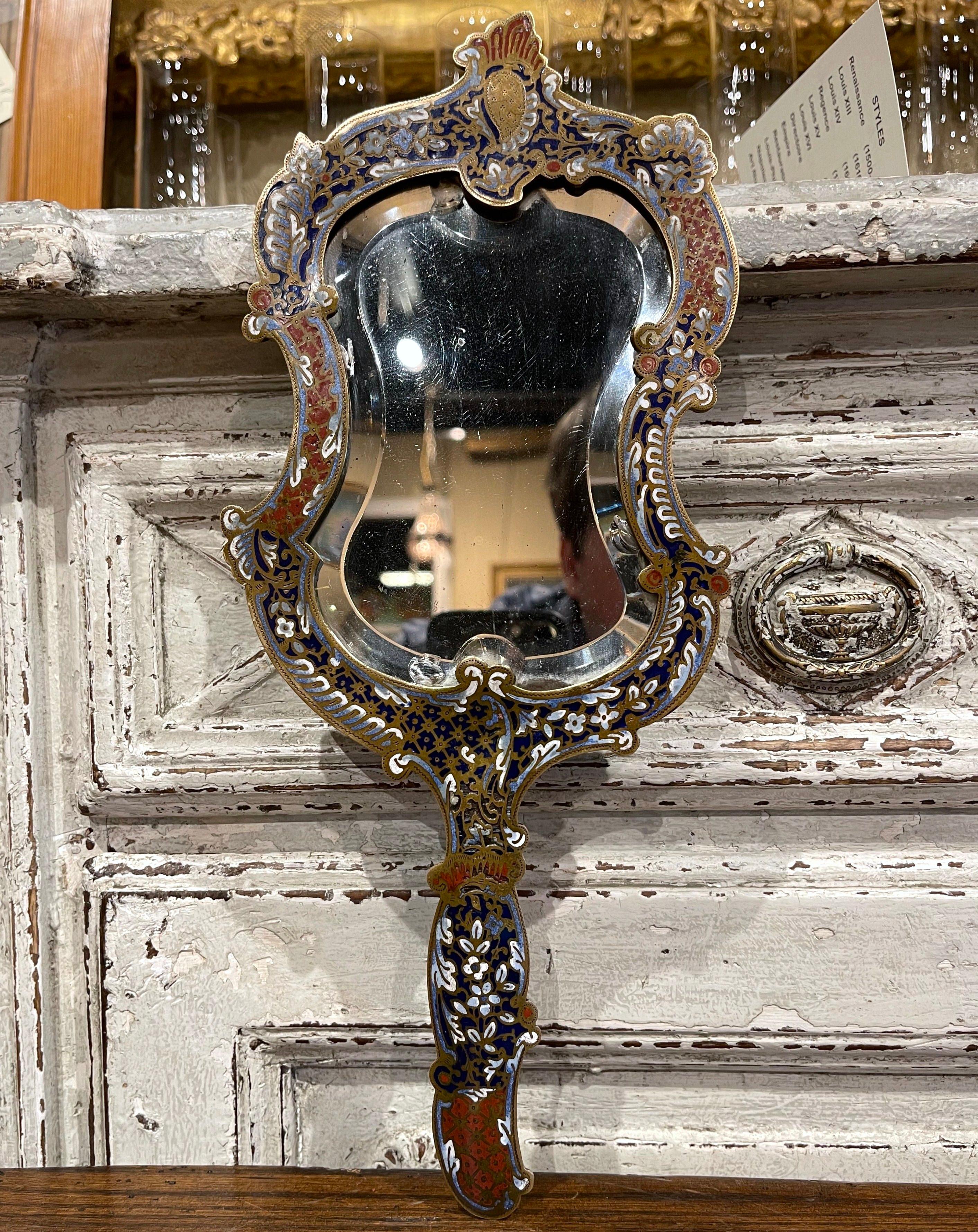 19th Century French Brass and Champleve Hand Vanity Mirror with Beveled Glass In Excellent Condition For Sale In Dallas, TX