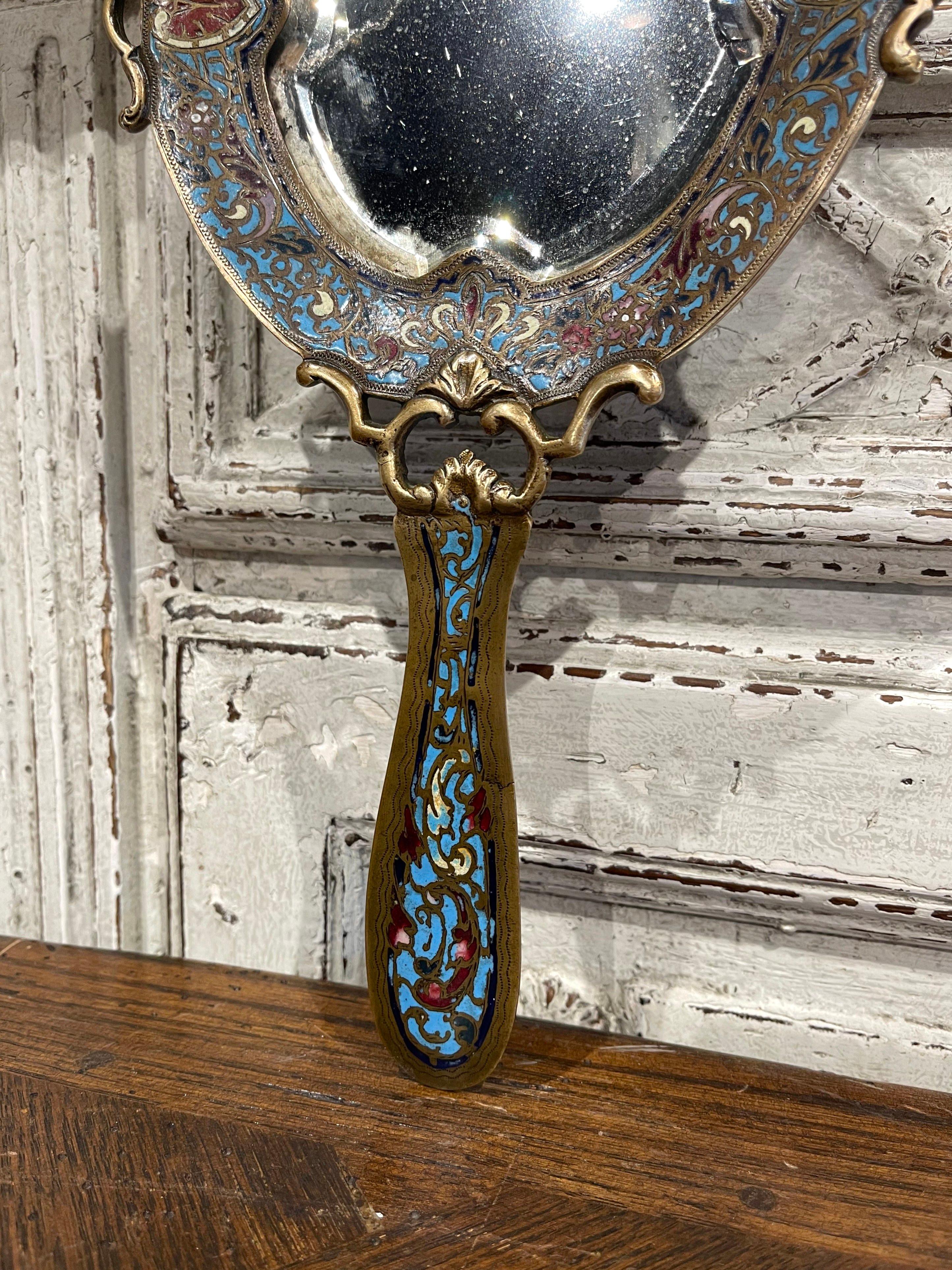 19th Century French Brass and Champleve Hand Vanity Mirror with Beveled Glass In Excellent Condition For Sale In Dallas, TX
