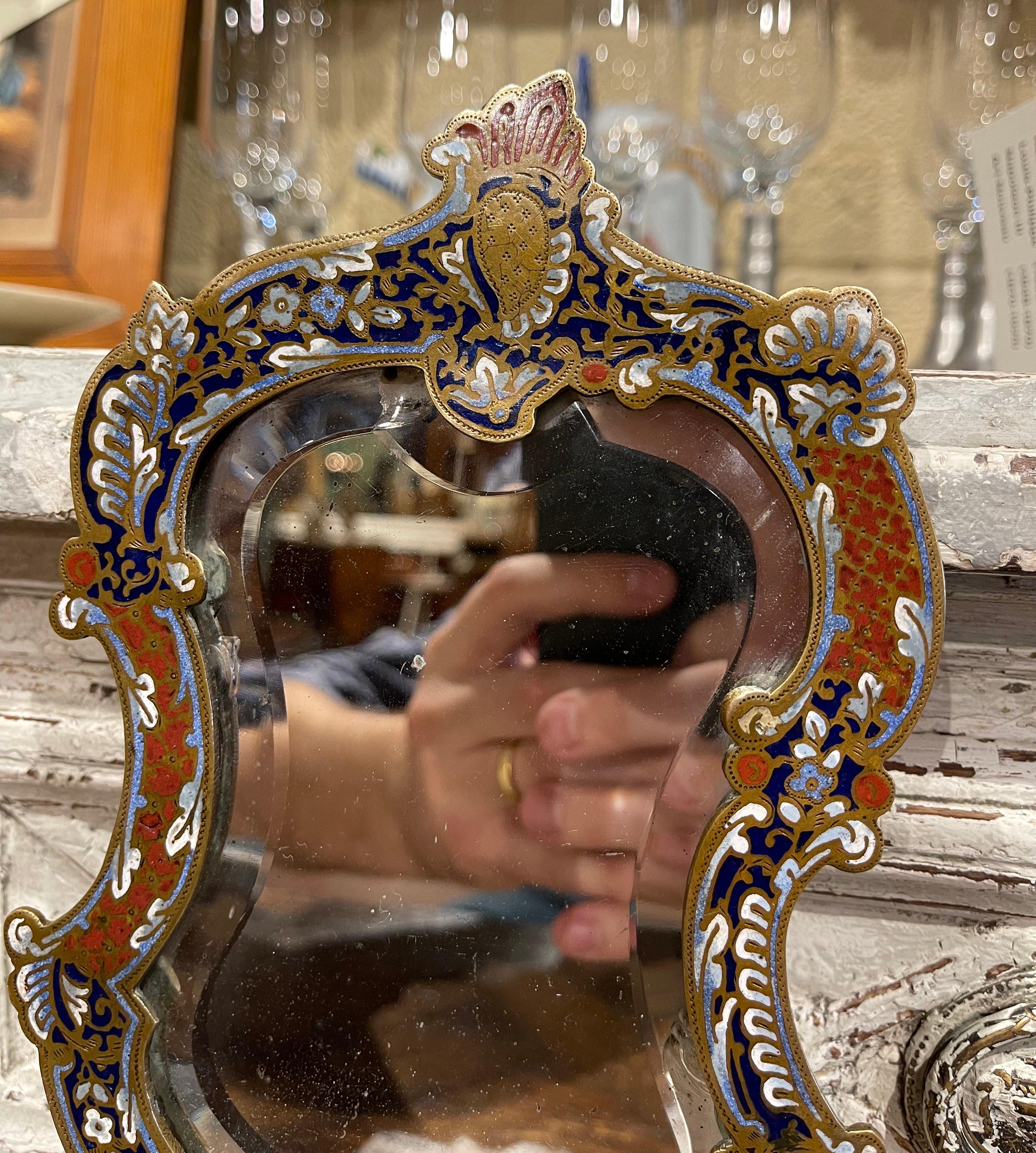 19th Century French Brass and Champleve Hand Vanity Mirror with Beveled Glass For Sale 1