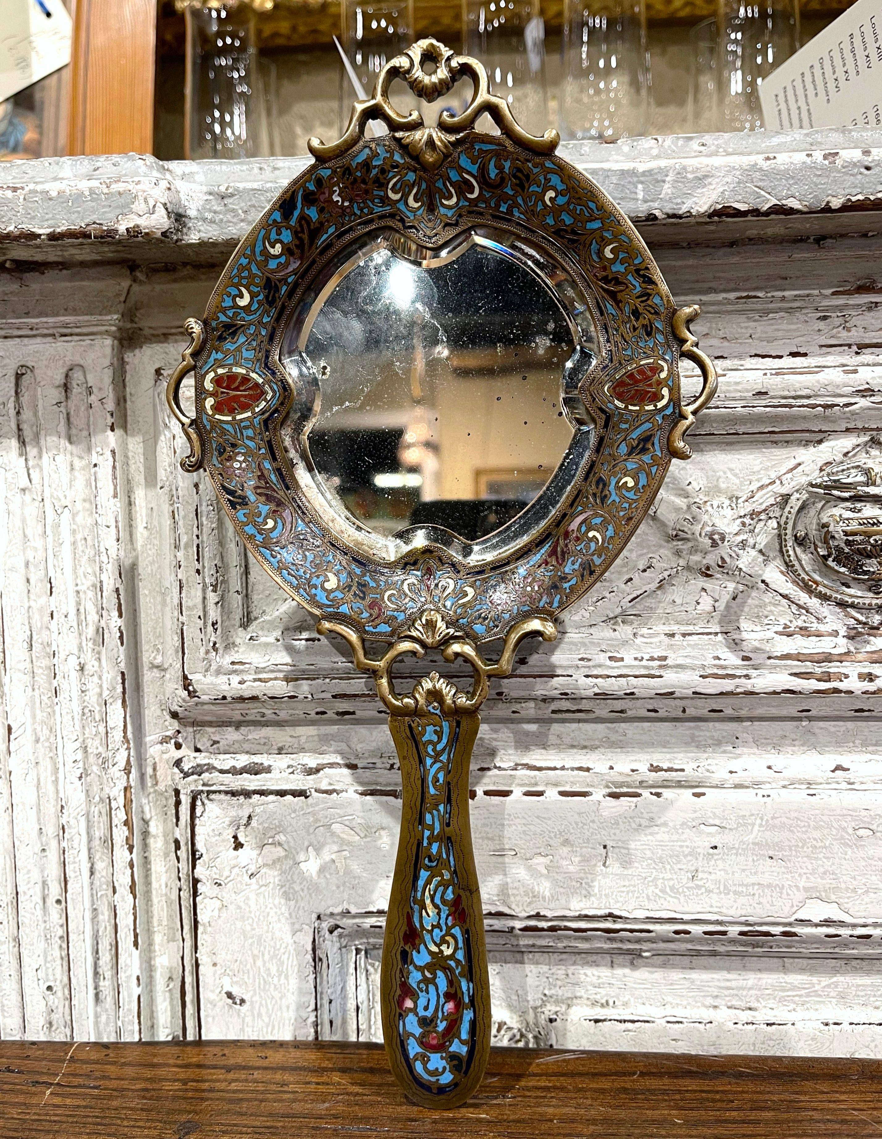 19th Century French Brass and Champleve Hand Vanity Mirror with Beveled Glass For Sale 1