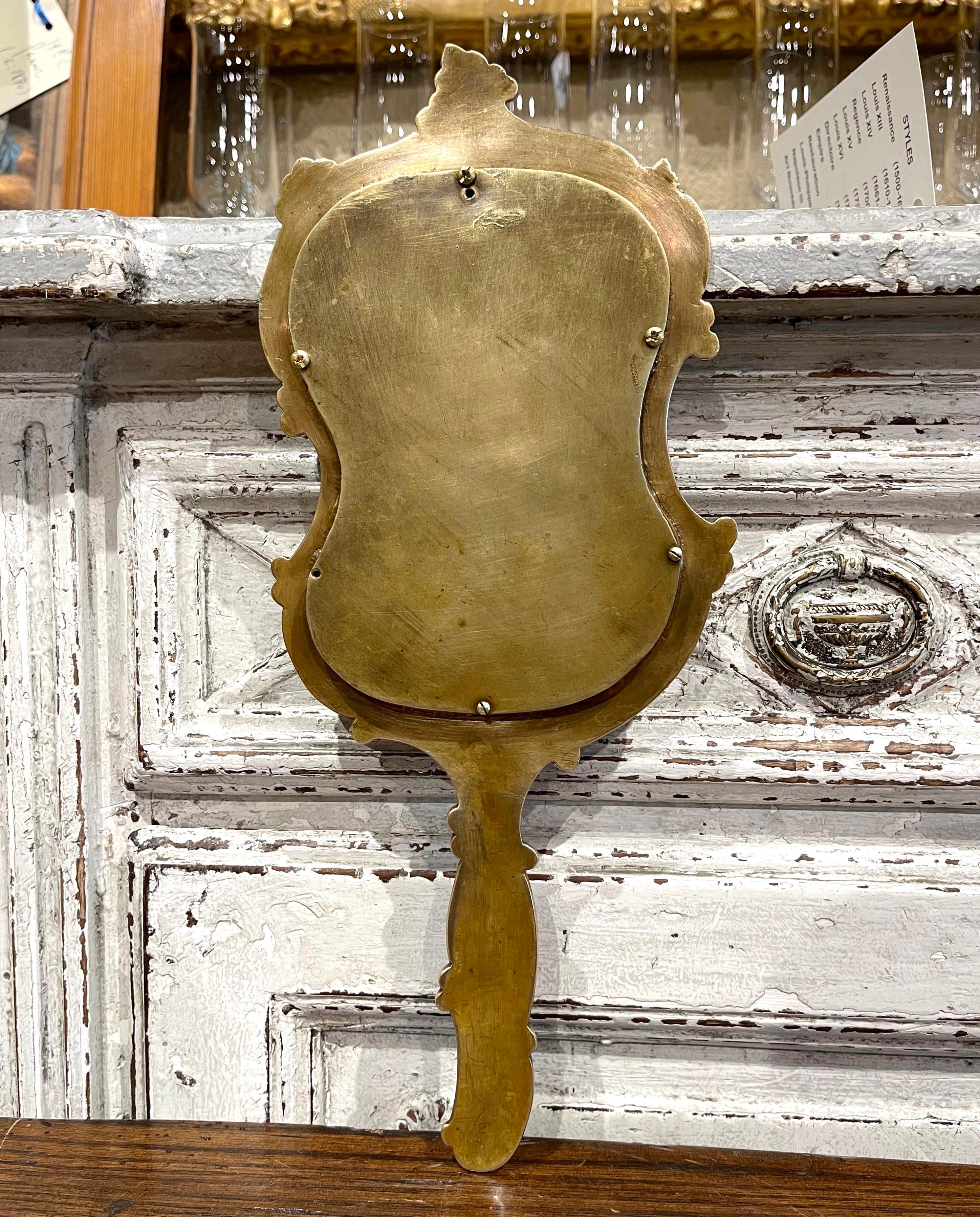 19th Century French Brass and Champleve Hand Vanity Mirror with Beveled Glass For Sale 2