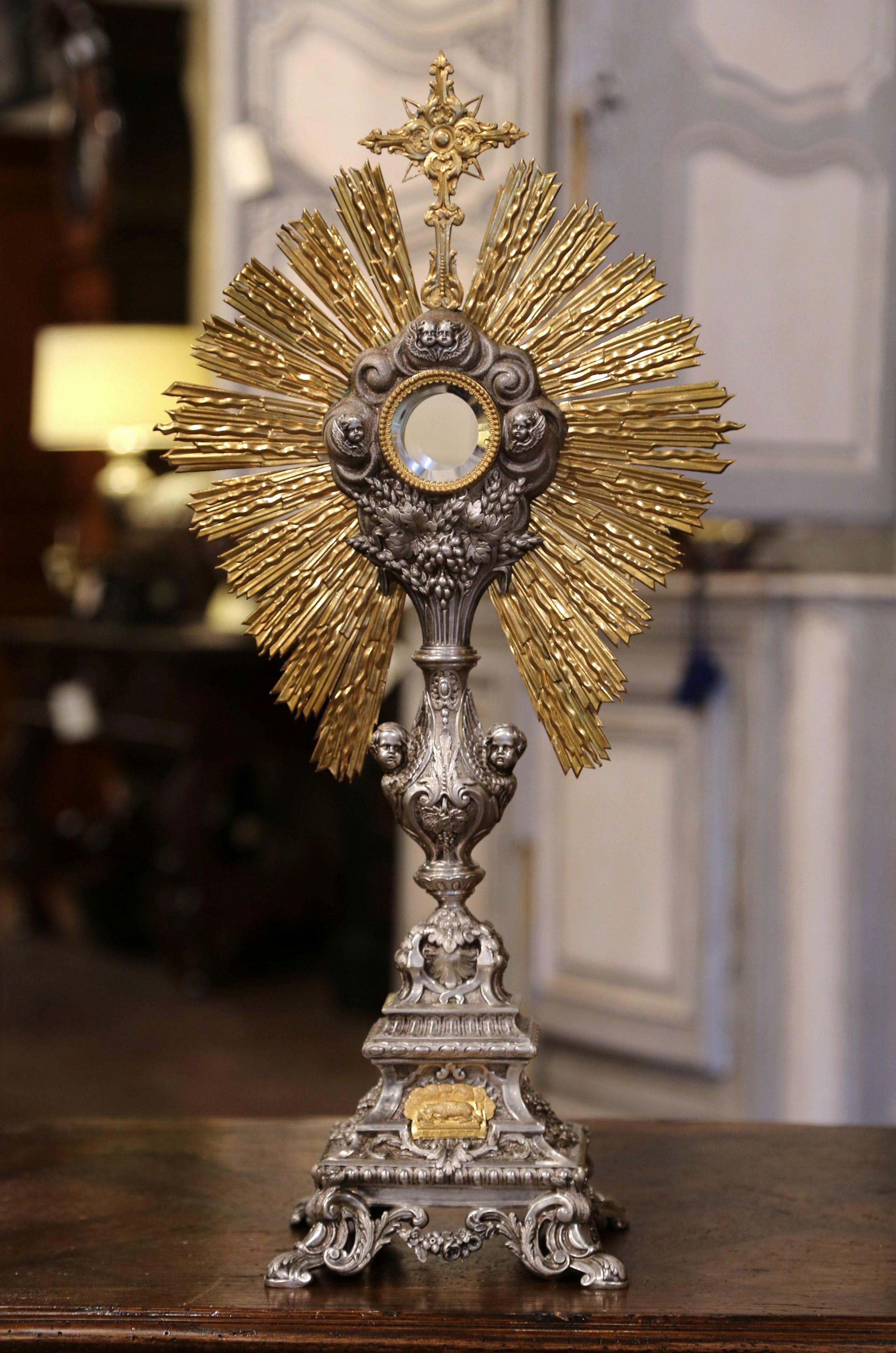 19th Century French Brass and Silver Plated Catholic Church Monstrance In Excellent Condition In Dallas, TX