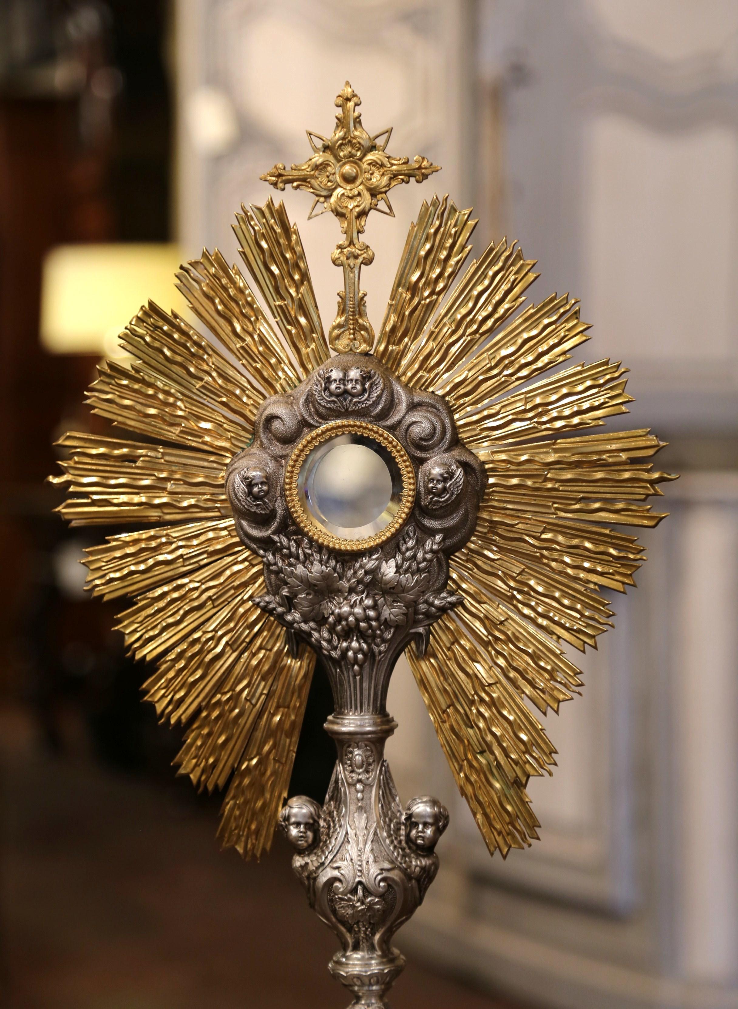 Metal 19th Century French Brass and Silver Plated Catholic Church Monstrance