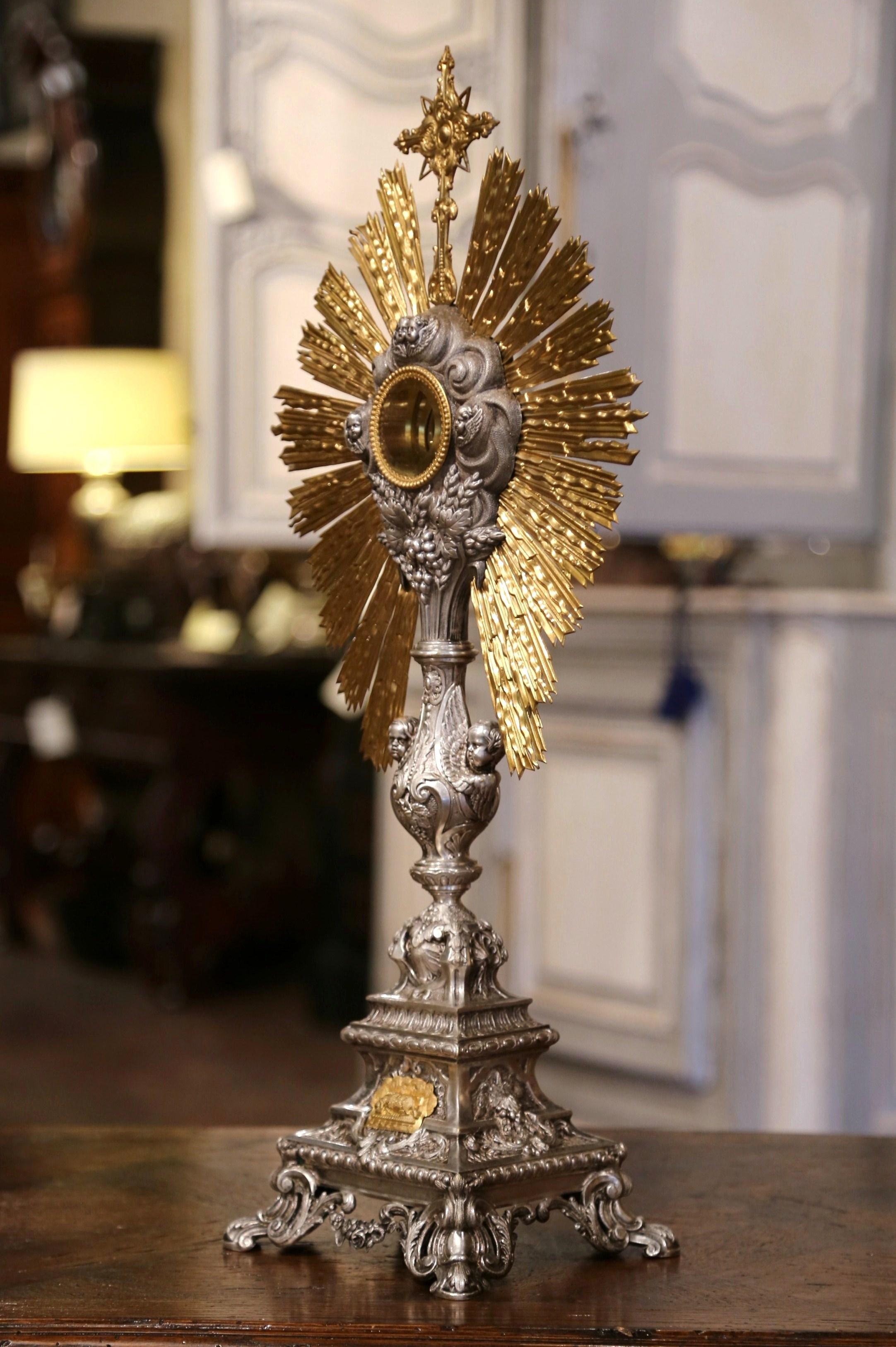 Gilt 19th Century French Brass and Silver Plated Catholic Church Monstrance