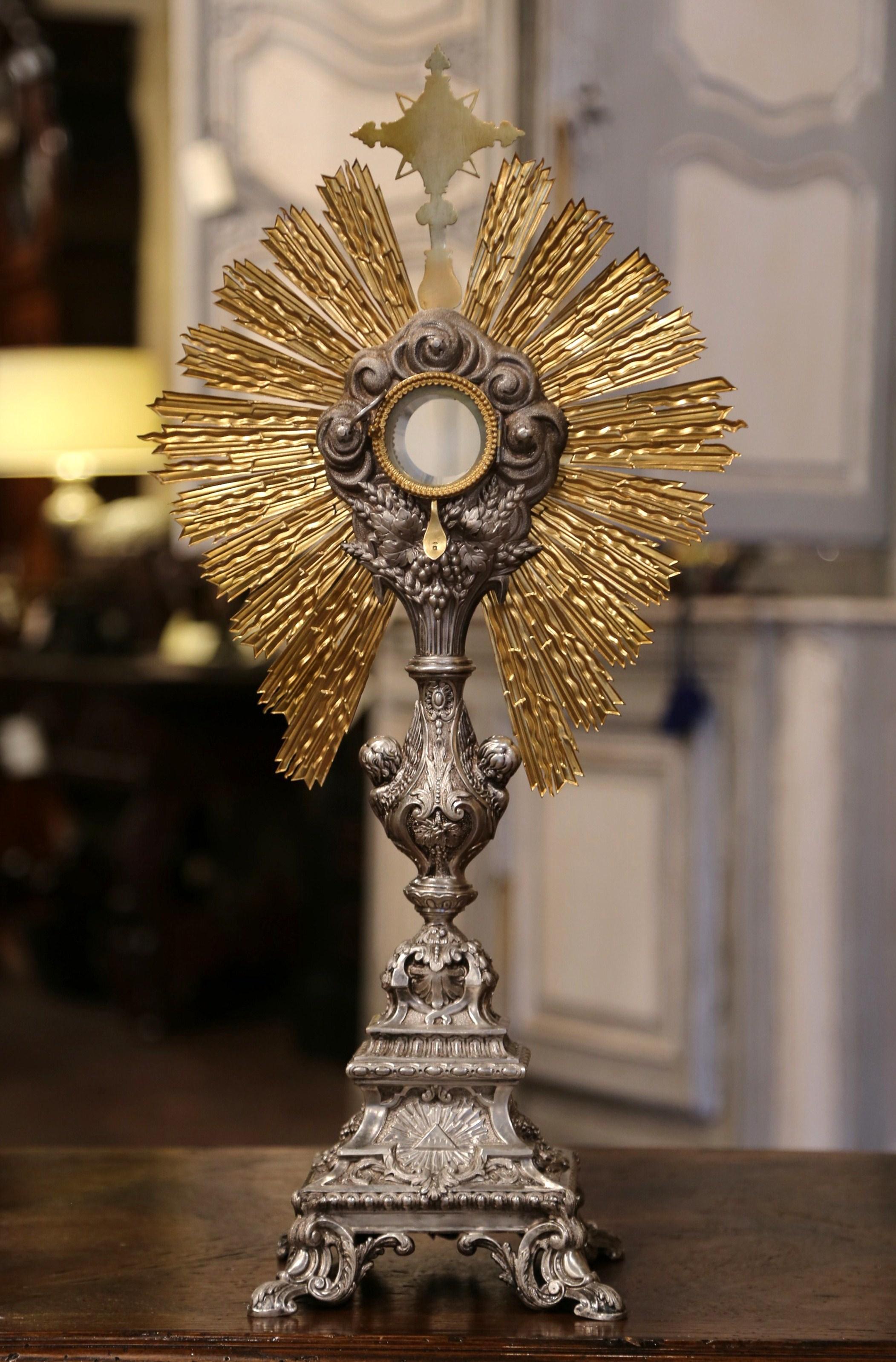 19th Century French Brass and Silver Plated Catholic Church Monstrance In Excellent Condition In Dallas, TX