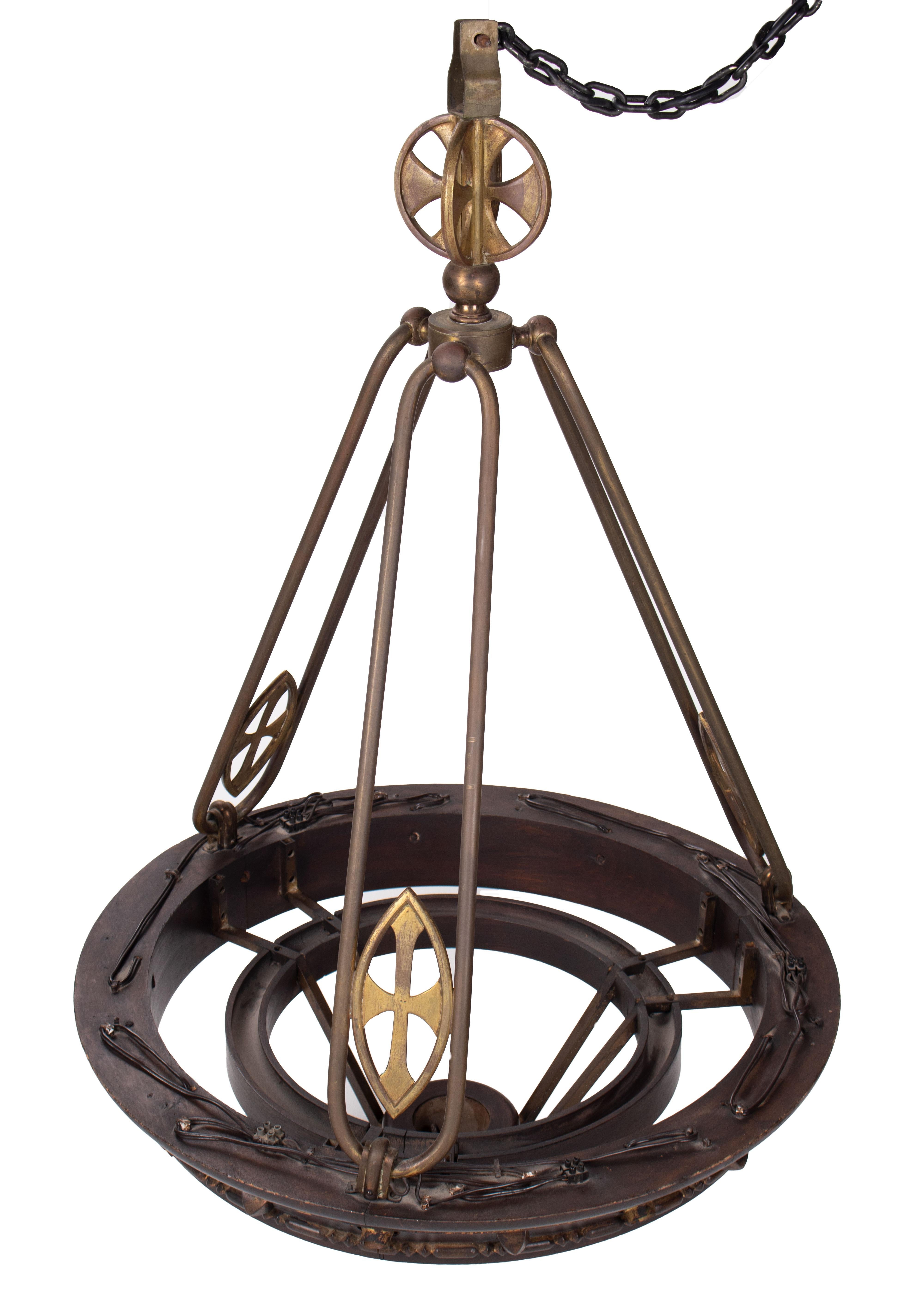 19th century French brass and wood hanging lamp decorated with crosses.