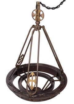19th Century French Brass and Wood Hanging Lamp Decorated with Crosses
