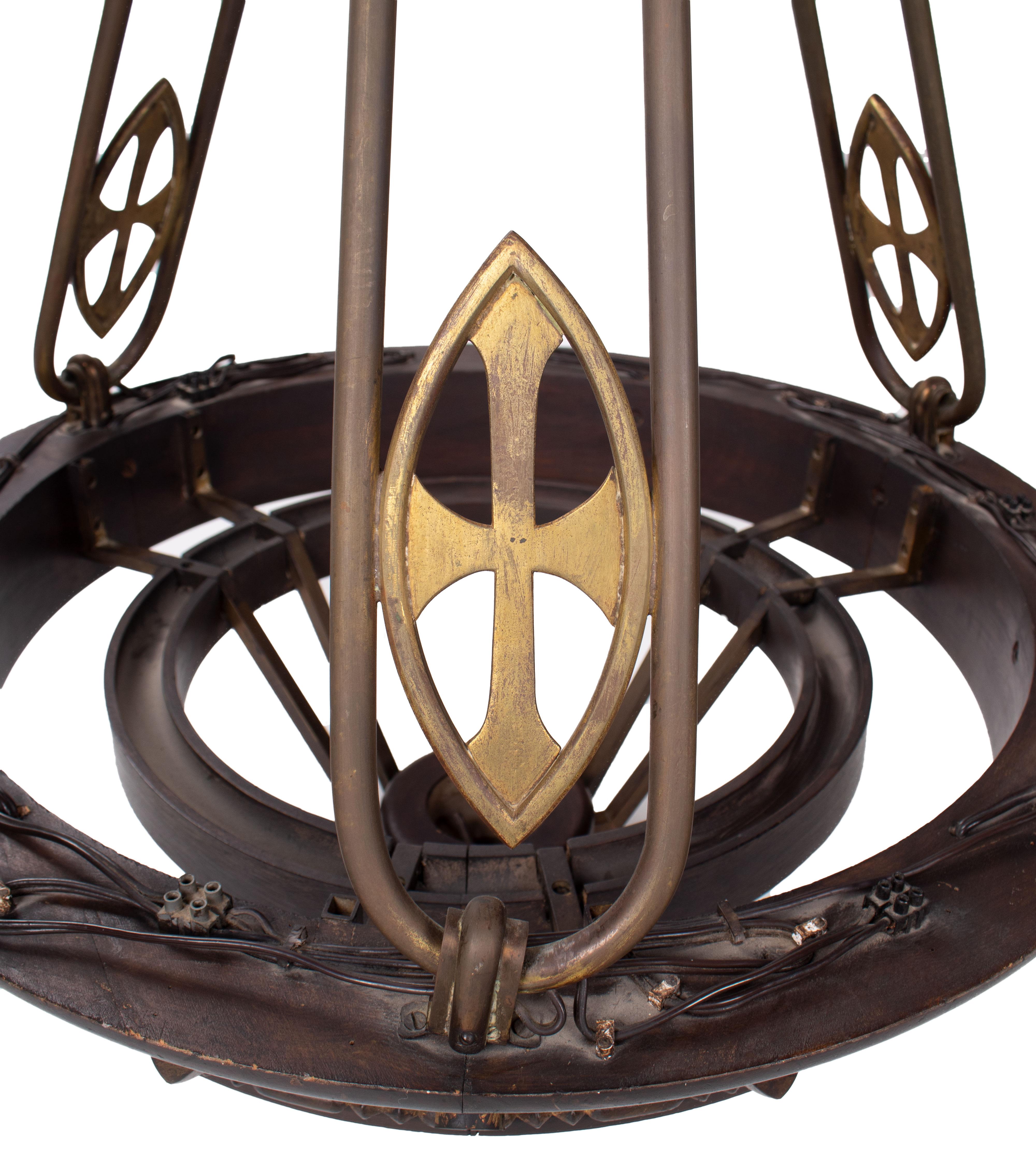 Bronze 19th Century French Brass and Wood Hanging Lamp Decorated with Crosses For Sale