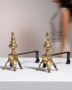 19th Century French Brass Andirons, Warm Gold Finish, Antique Firedogs
