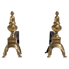 19th Century French Brass Andirons, Warm Gold Finish, Antique Firedogs