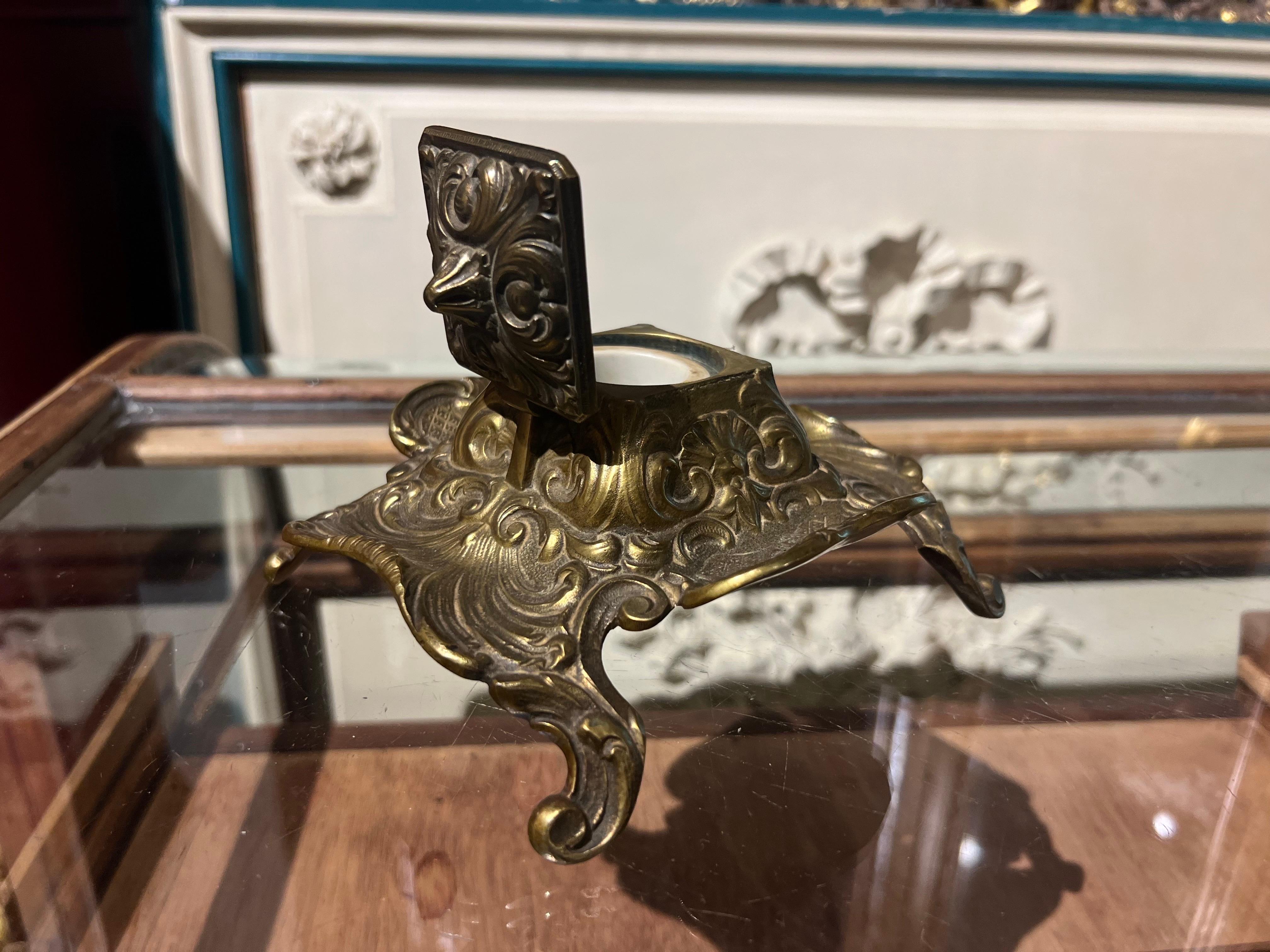 19th Century French Brass Antique Engraved and Signed Inkwell Louis XV Style In Good Condition For Sale In Sofia, BG
