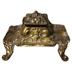 19th Century French Brass Antique Engraved and Signed Inkwell Louis XV Style
