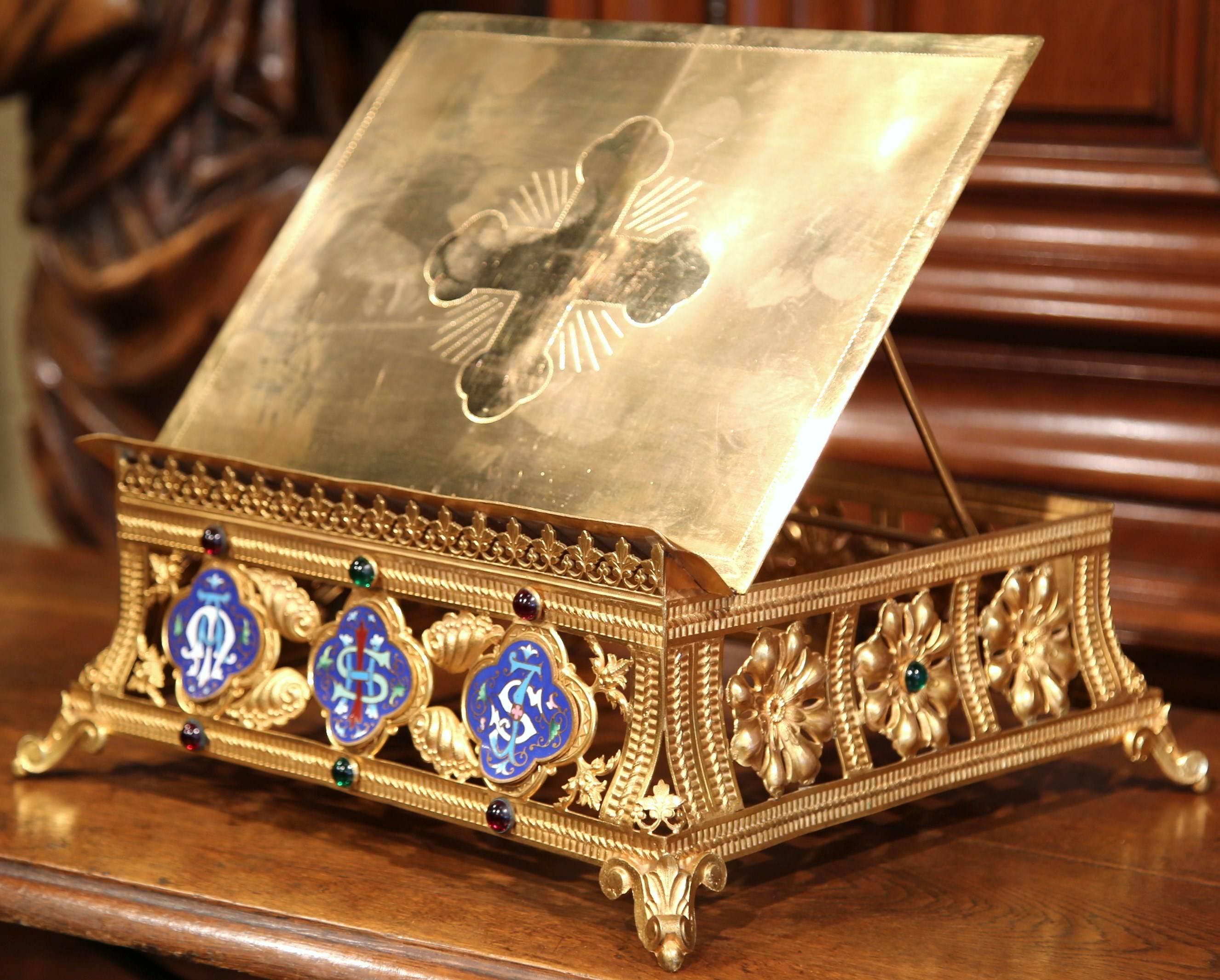 19th Century French Brass Bible Stand with Champlevé Medallions and Gilt Finish In Excellent Condition In Dallas, TX