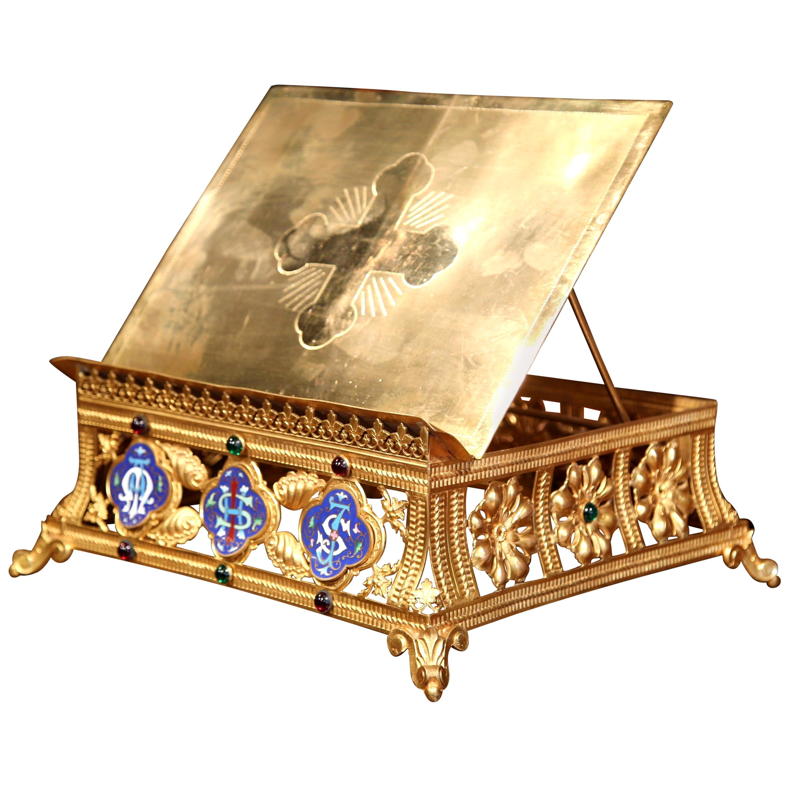 19th Century French Brass Bible Stand with Champlevé Medallions and Gilt Finish