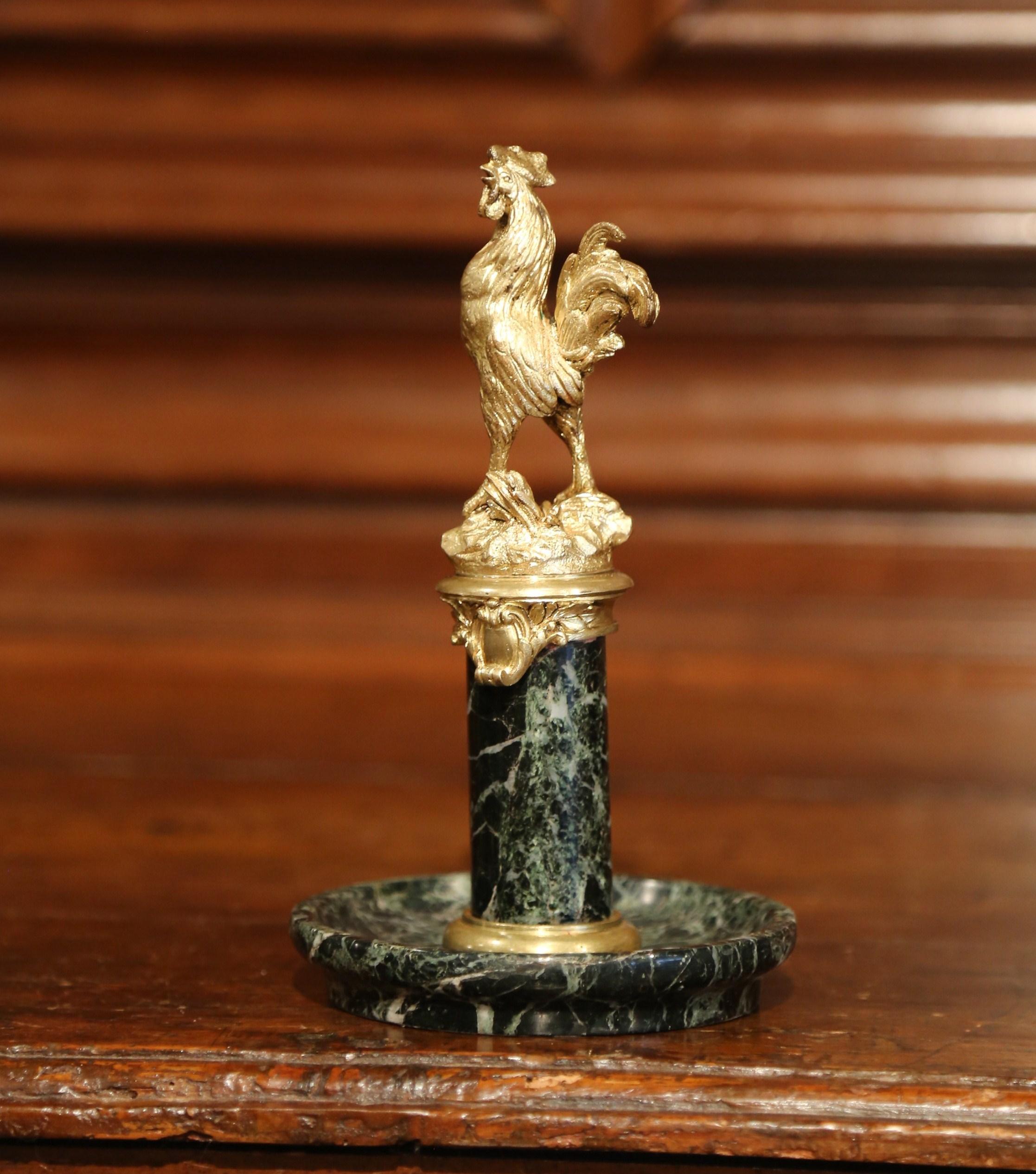 Napoleon III 19th Century, French Brass Bronze Rooster Vide Poche Dish with Green Marble Base