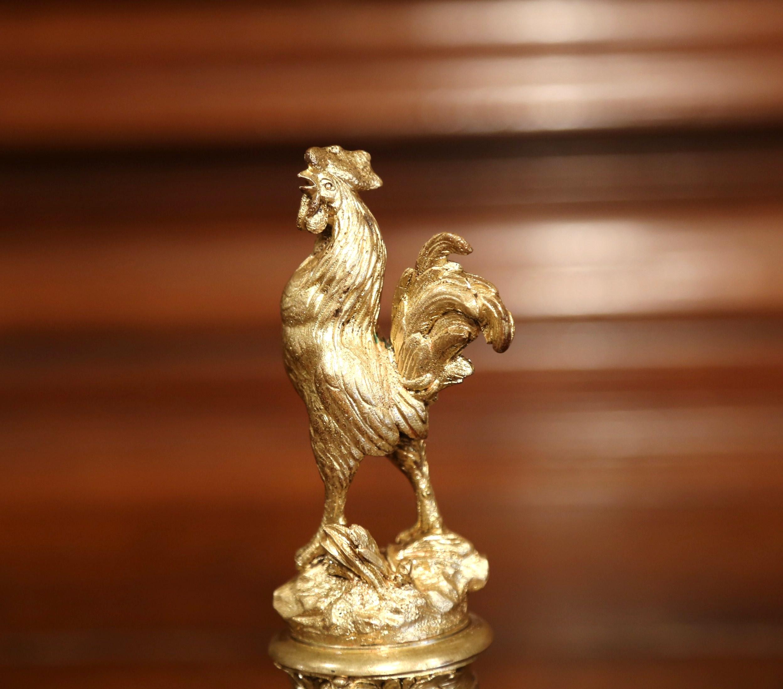 Hand-Crafted 19th Century, French Brass Bronze Rooster Vide Poche Dish with Green Marble Base