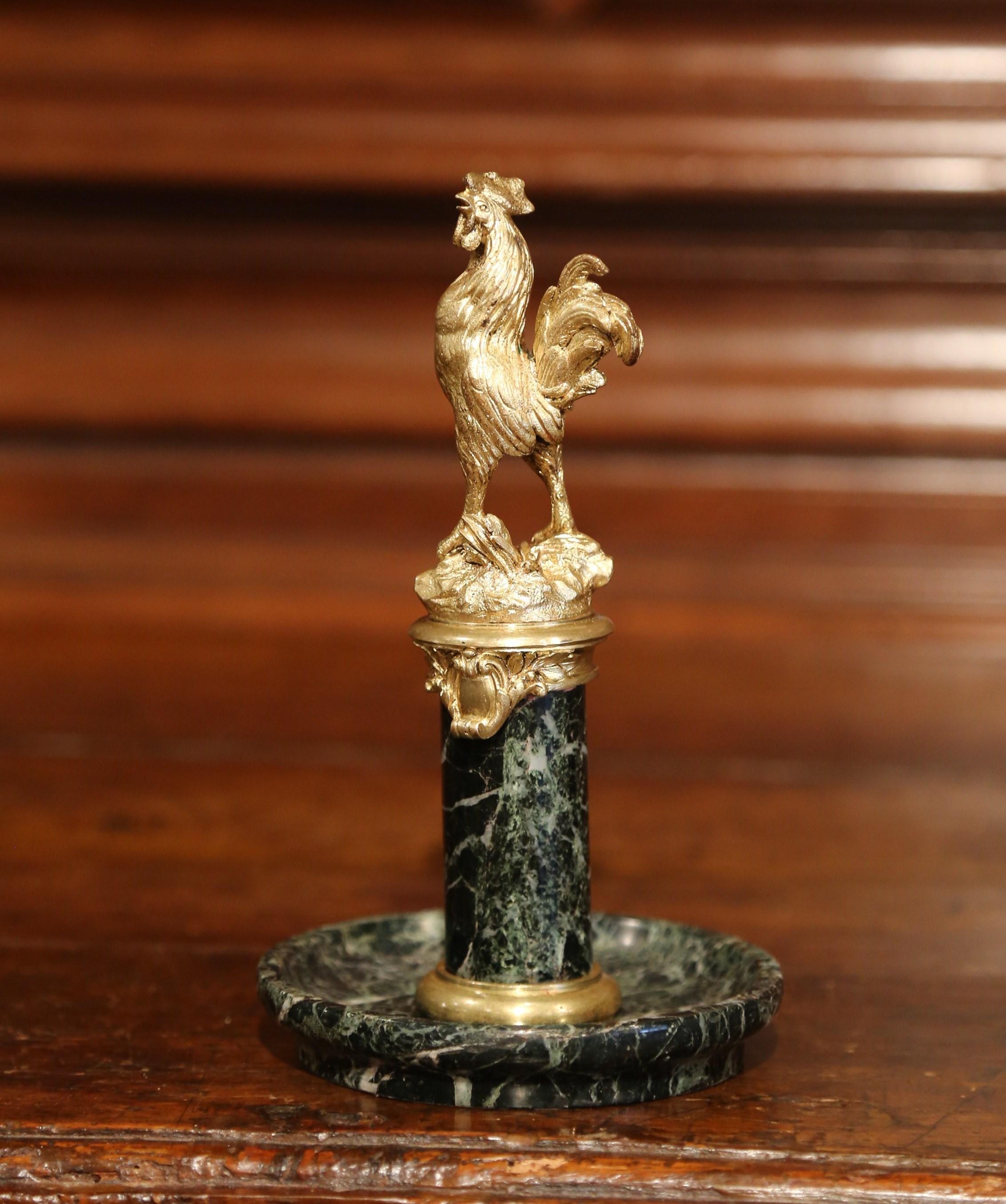 19th Century, French Brass Bronze Rooster Vide Poche Dish with Green Marble Base In Excellent Condition In Dallas, TX