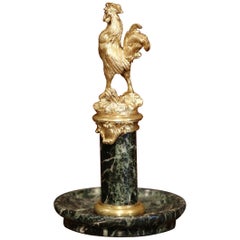 Antique 19th Century, French Brass Bronze Rooster Vide Poche Dish with Green Marble Base
