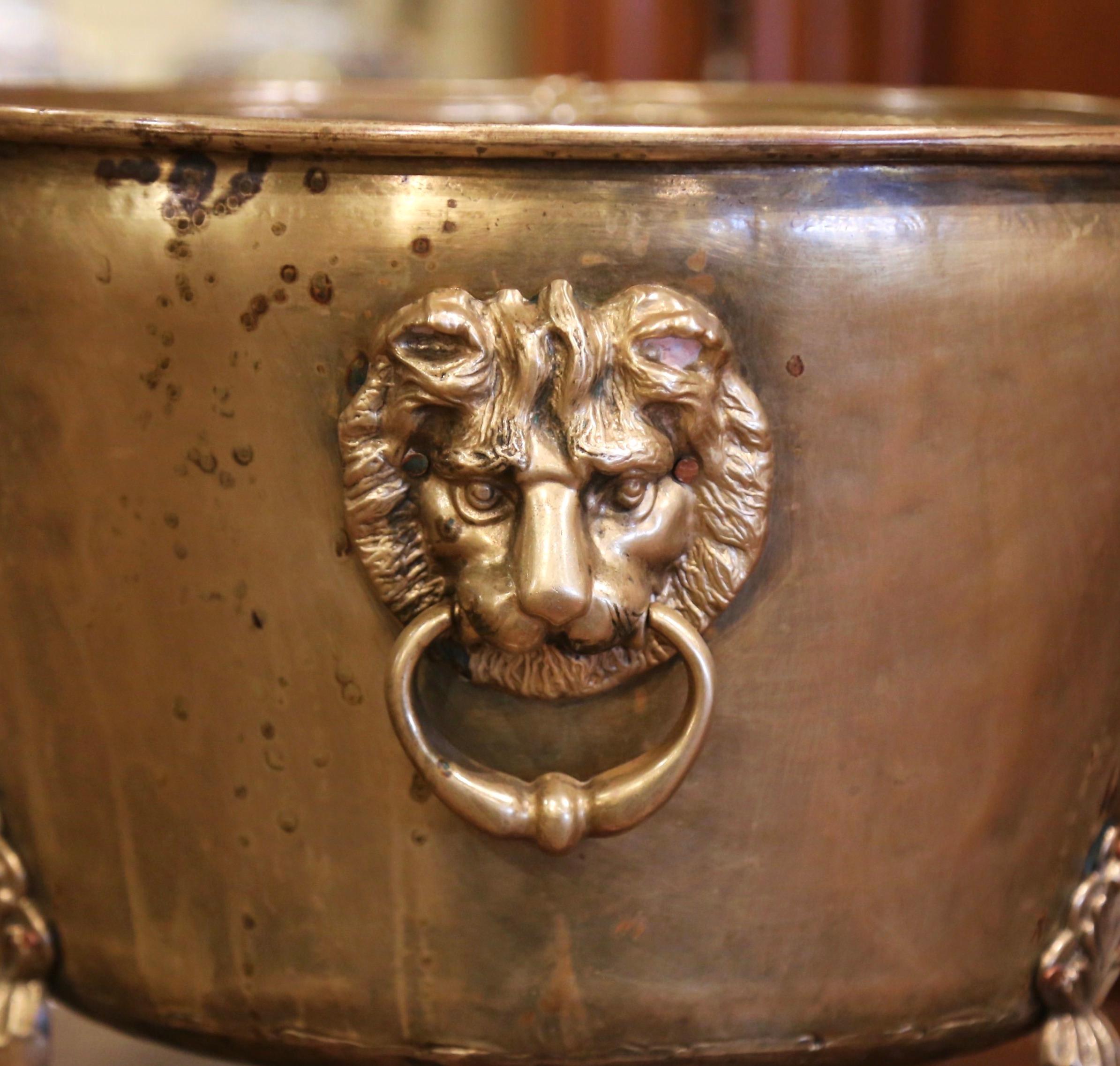 Napoleon III 19th Century French Brass Cache-Pot Planter with Lion Head Handles