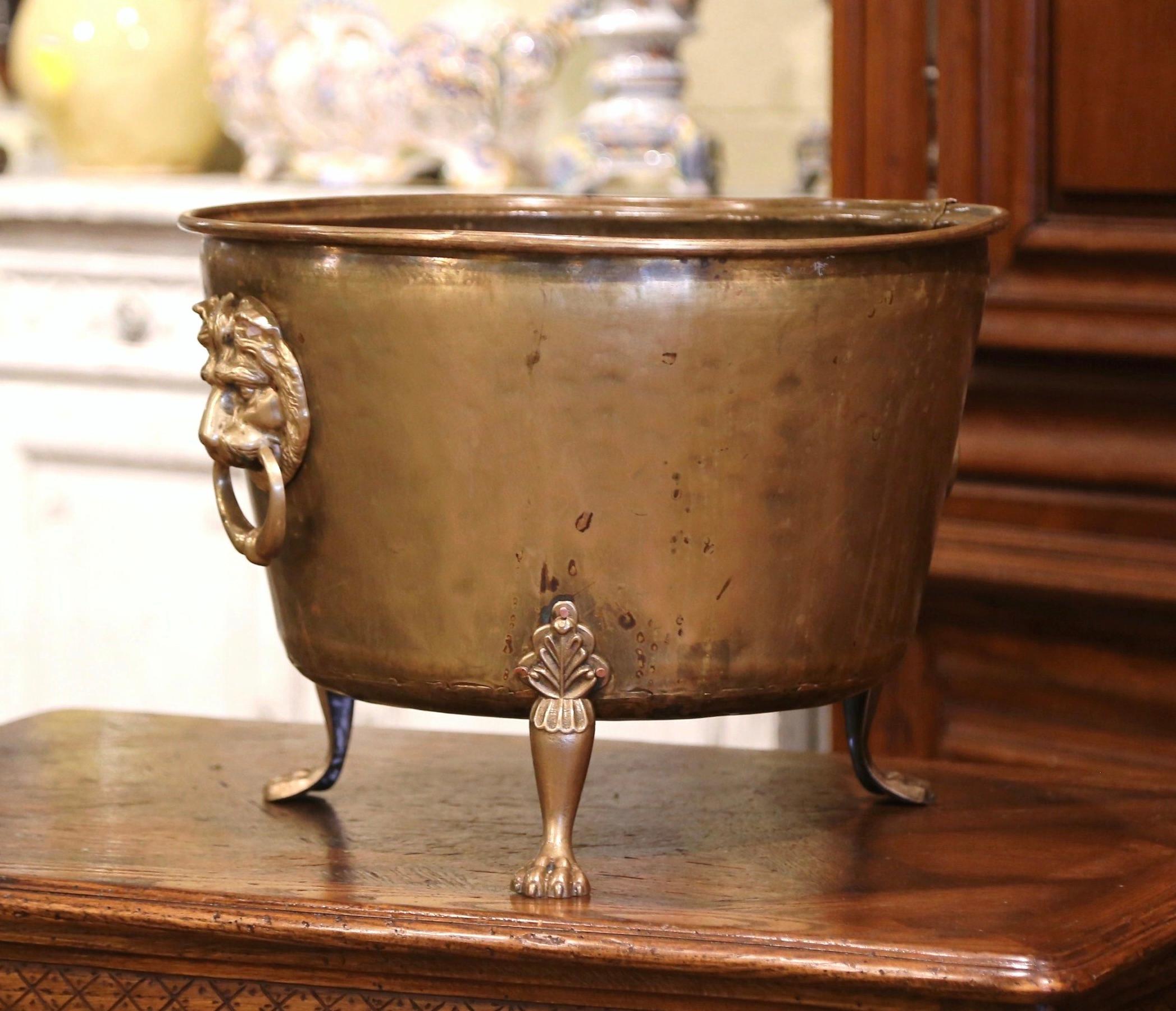 Patinated 19th Century French Brass Cache-Pot Planter with Lion Head Handles