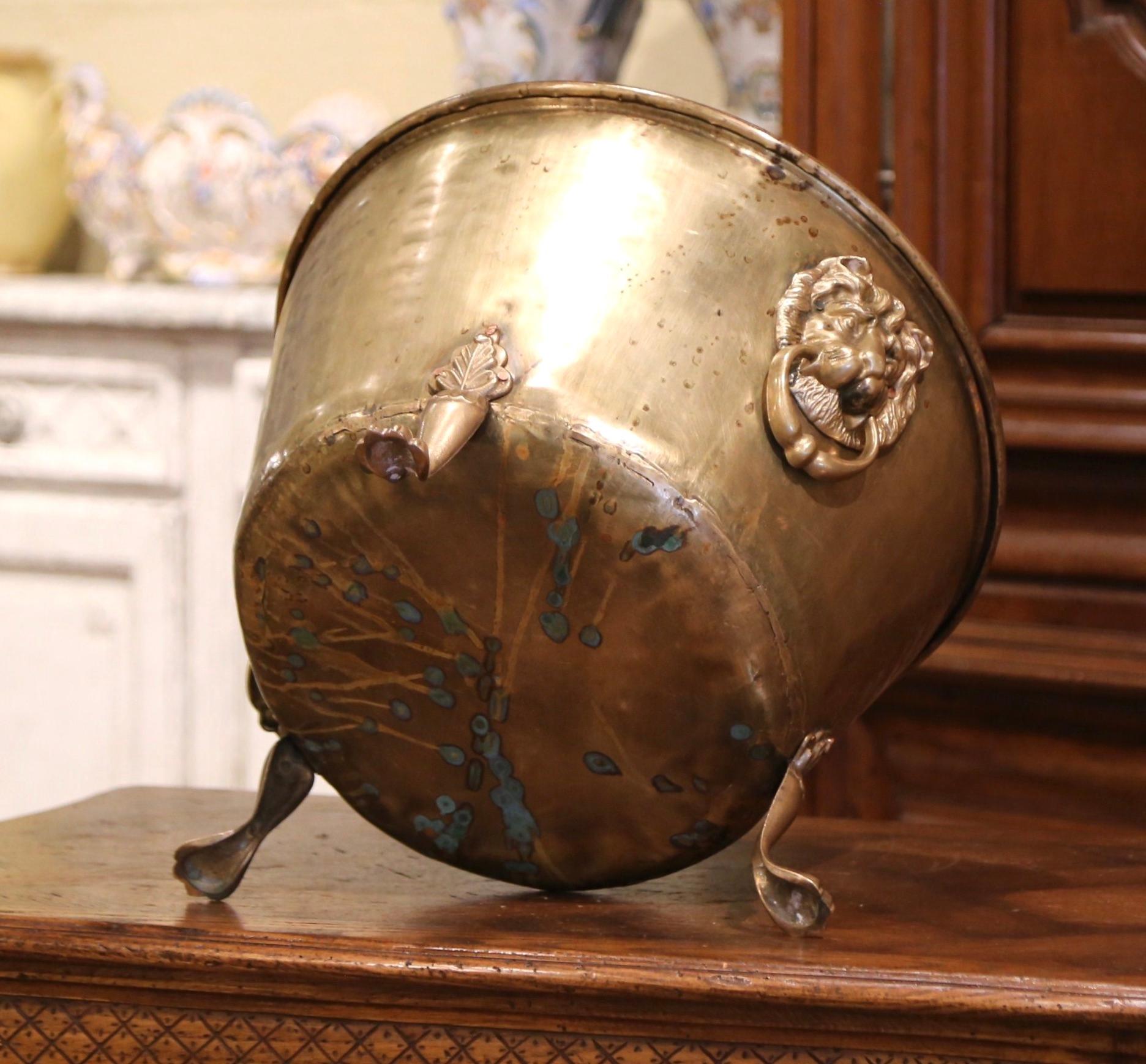 19th Century French Brass Cache-Pot Planter with Lion Head Handles 3