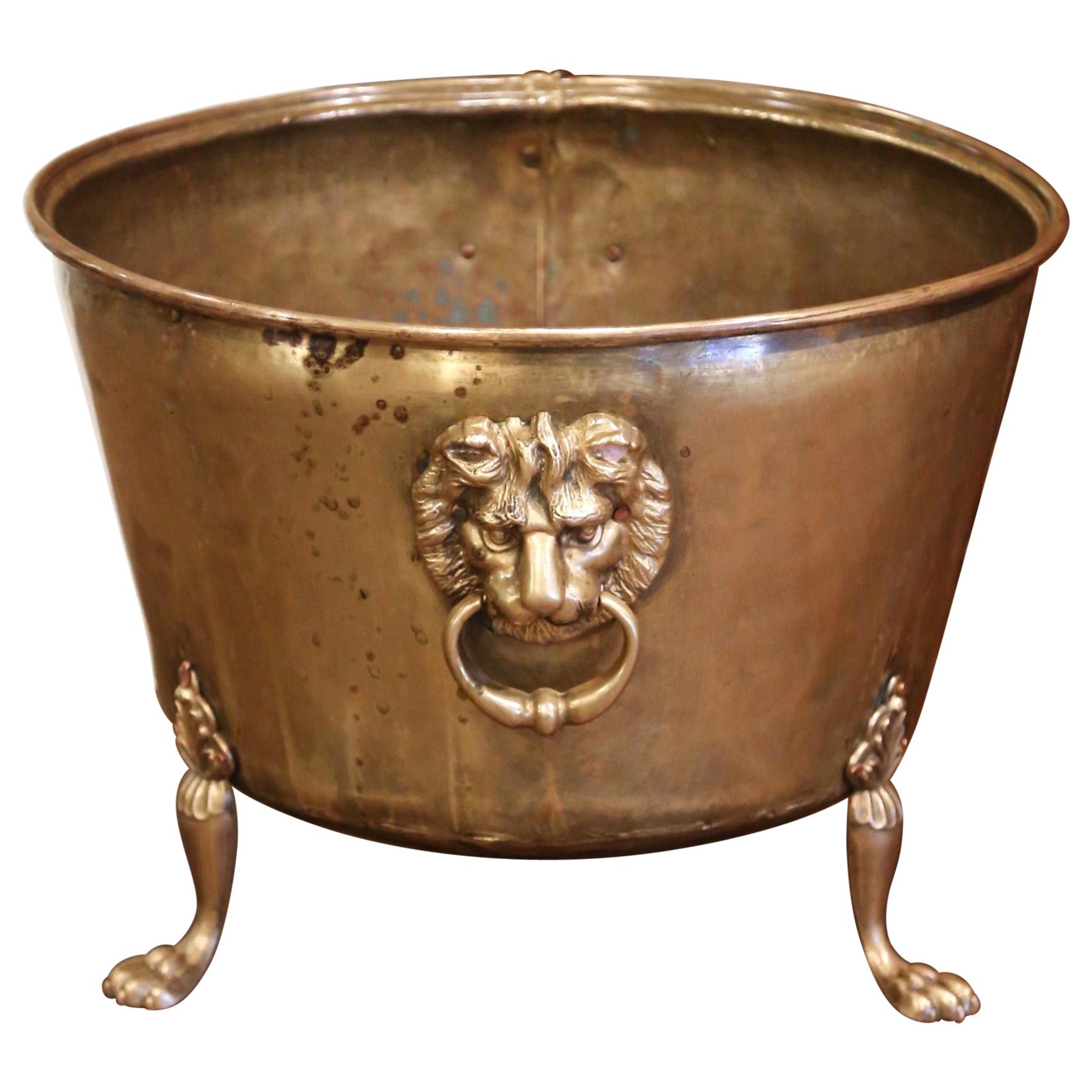 19th Century French Brass Cache-Pot Planter with Lion Head Handles