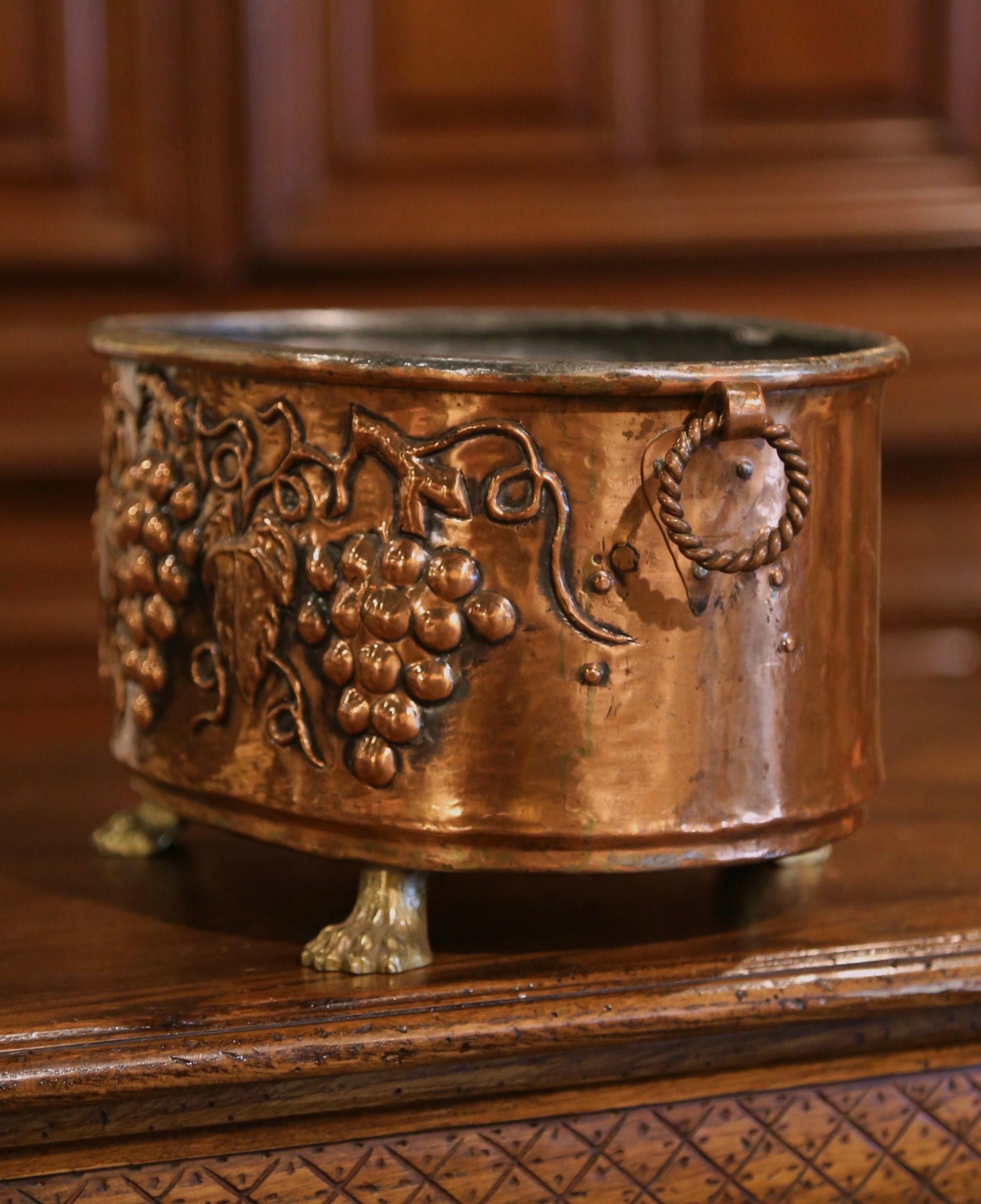 Hand-Crafted 19th Century, French Brass Cache-Pot with Repousse Grape and Vine Decor