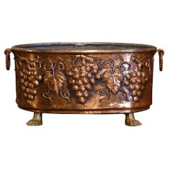 19th Century, French Brass Cache-Pot with Repousse Grape and Vine Decor