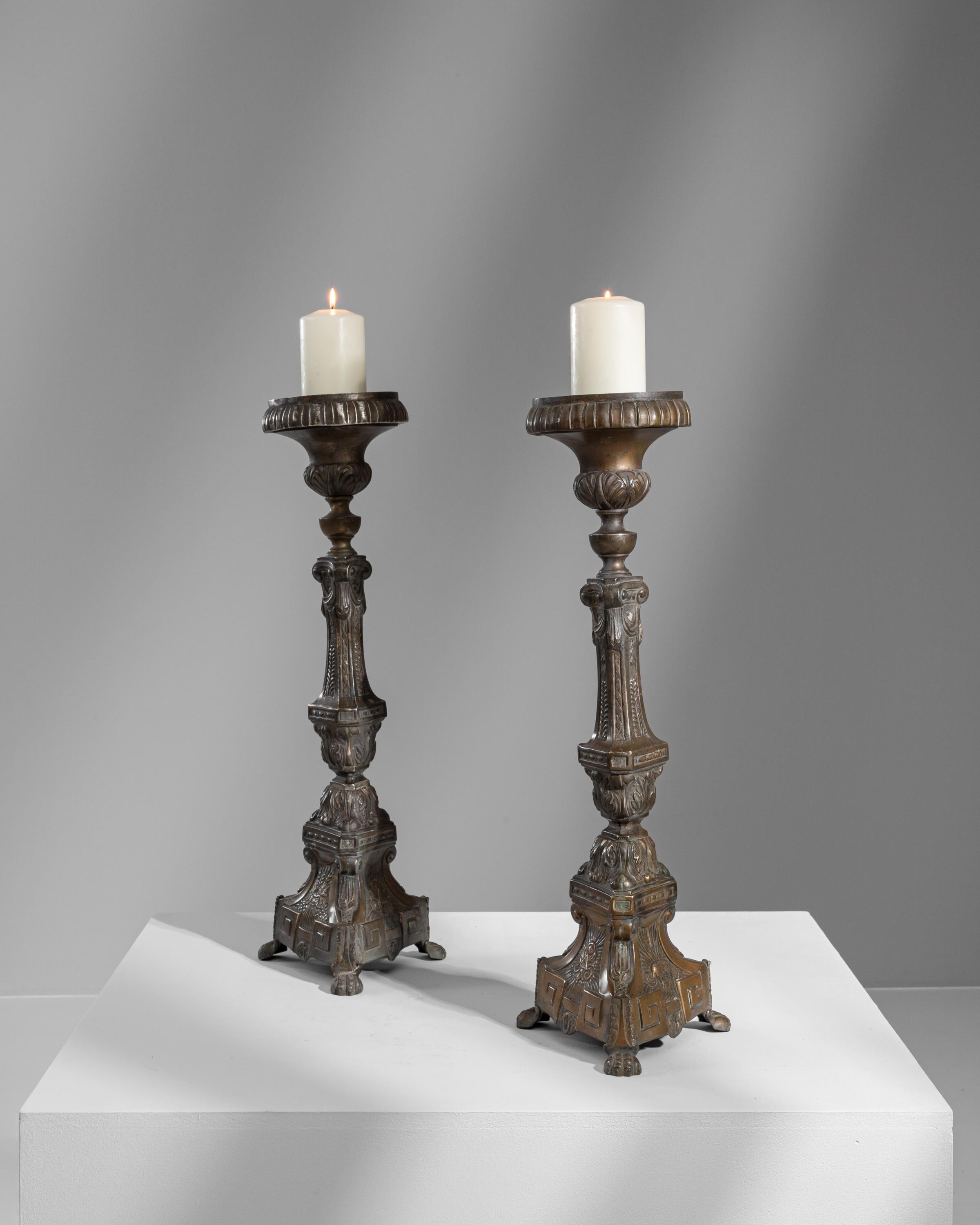 19th Century French Brass Candle Holders, a Pair In Good Condition In High Point, NC