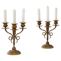 Antique 19th Century French Brass Candle Holders, a Pair