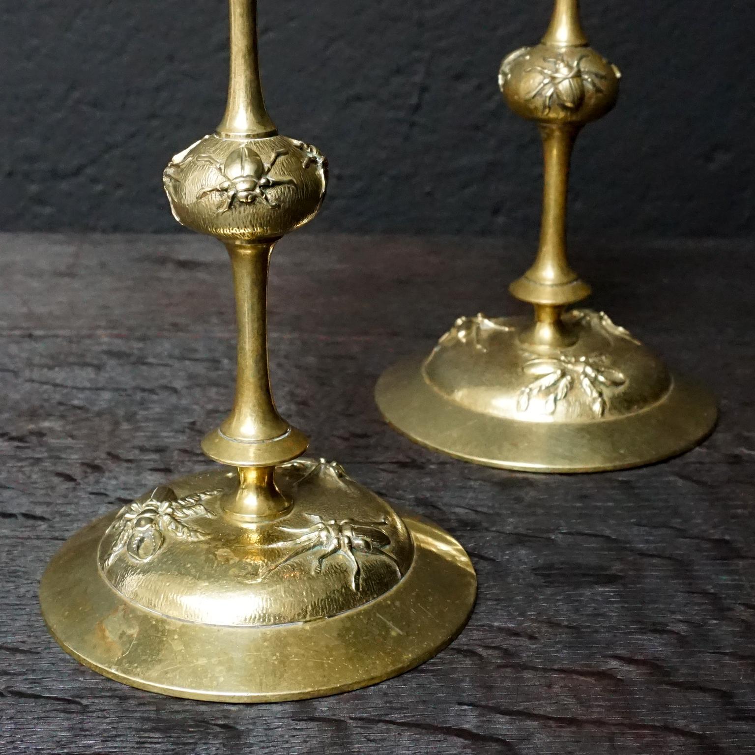 19th Century French Brass Candle Holders, Candlesticks with Beetle Decoration 5