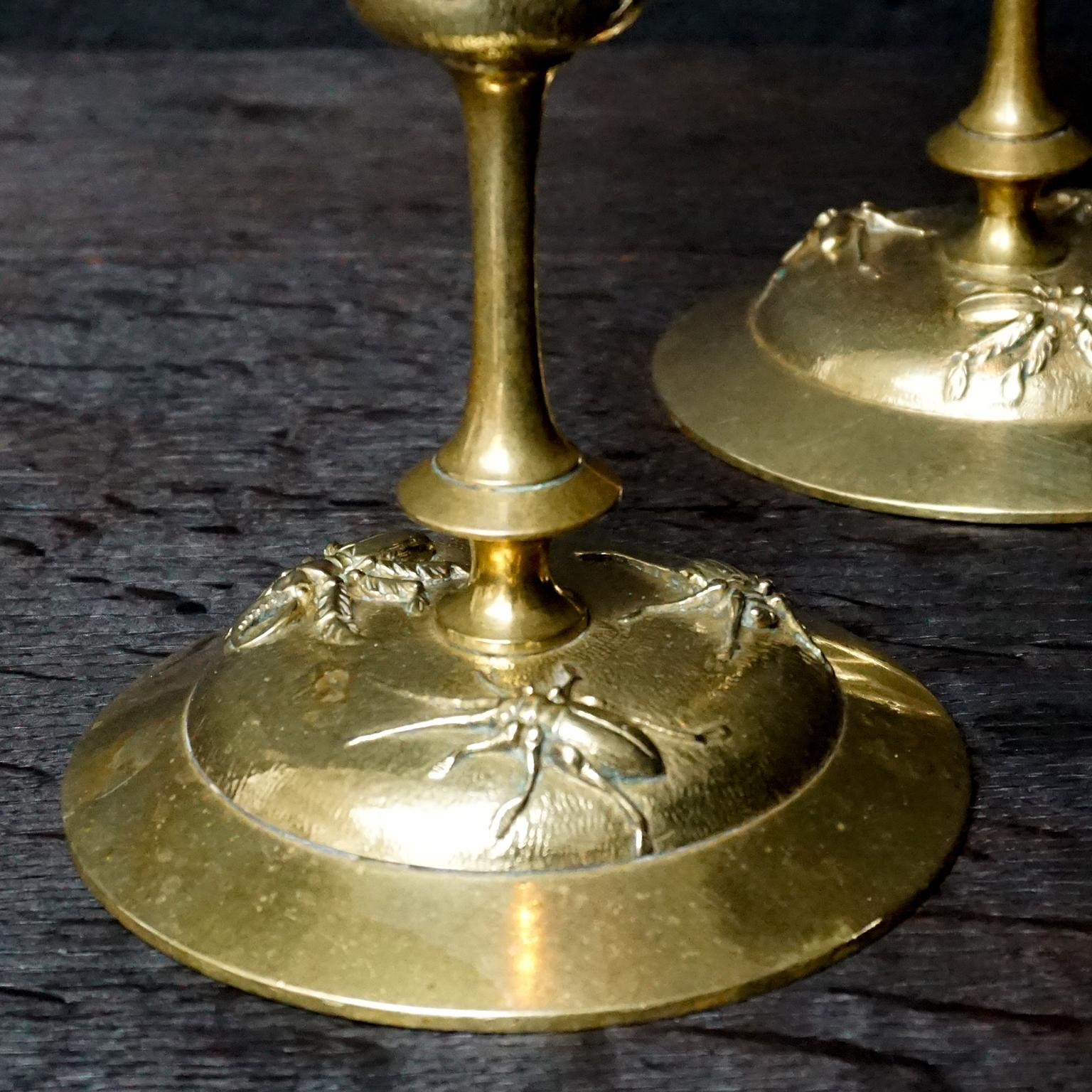 19th Century French Brass Candle Holders, Candlesticks with Beetle Decoration 6