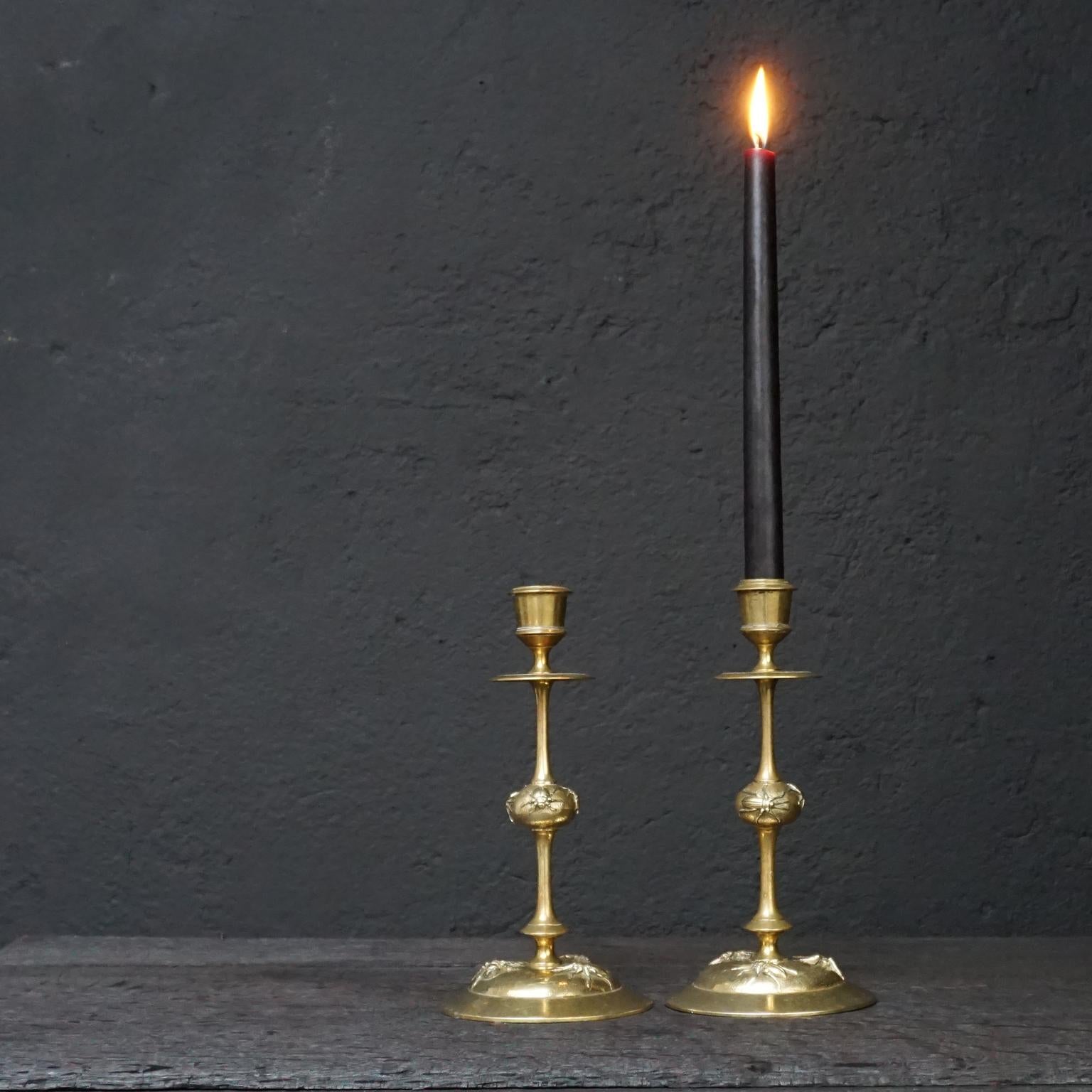 Art Nouveau 19th Century French Brass Candle Holders, Candlesticks with Beetle Decoration
