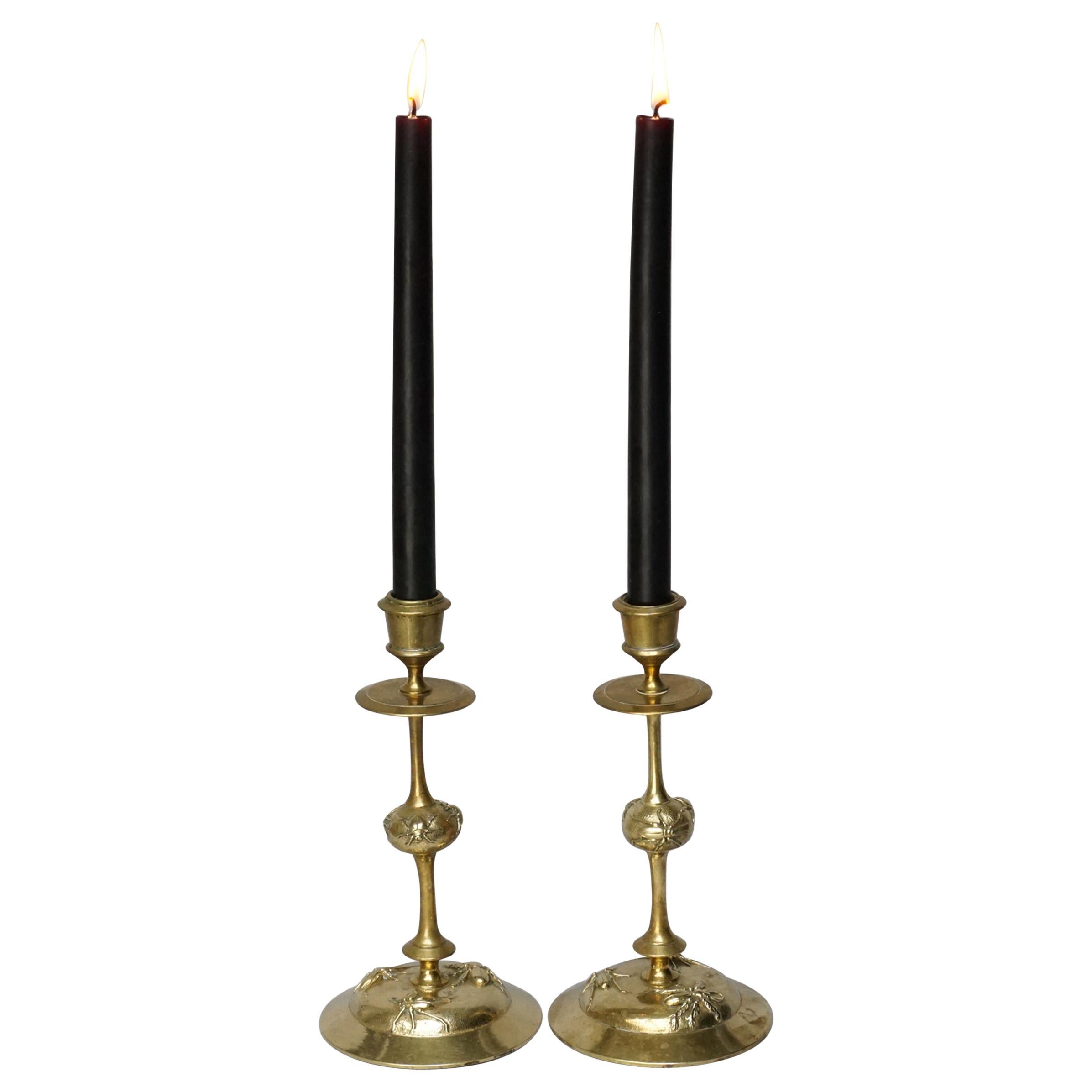 19th Century French Brass Candle Holders, Candlesticks with Beetle Decoration