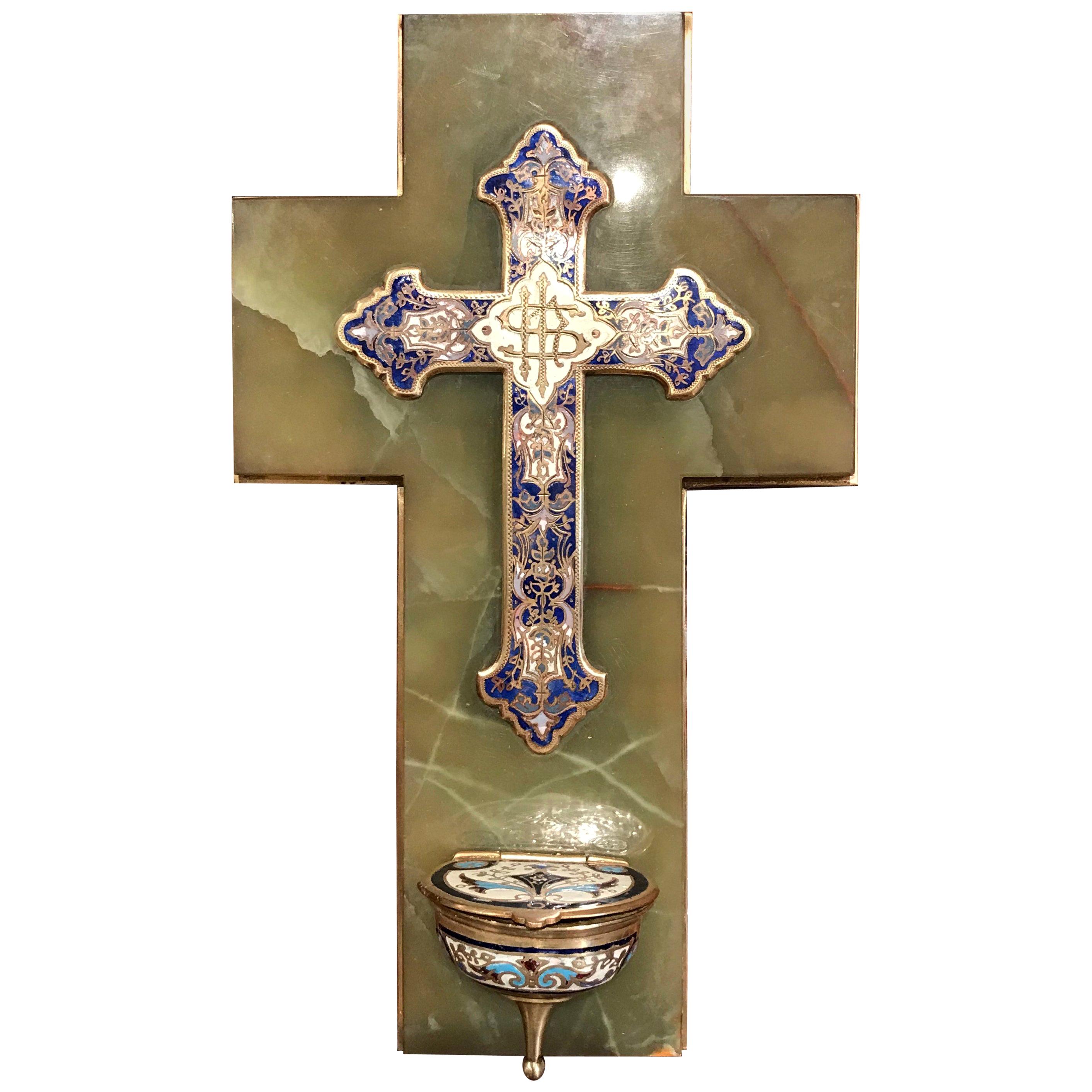 19th Century French Brass & Champlevé Cross with Holy Water Font on Green Marble