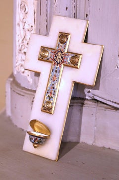 19th Century French Brass & Champleve Cross with Holy Water Font on White Marble