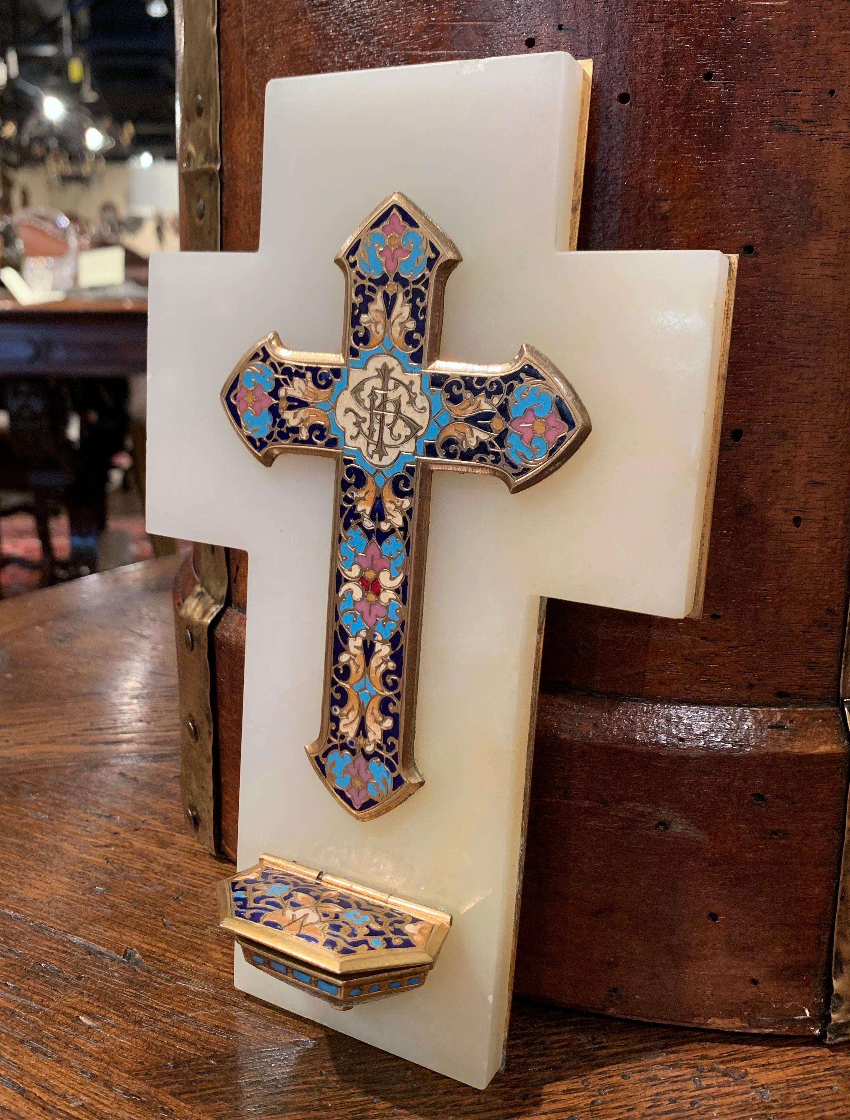 This large marble and brass cross with holy water recipient was created in France, circa 1880. The antique piece features beautiful, intricate cloisonné work with enamel, stone and bronze and a gleaming beige marble plaque. Cloisonné is an ancient