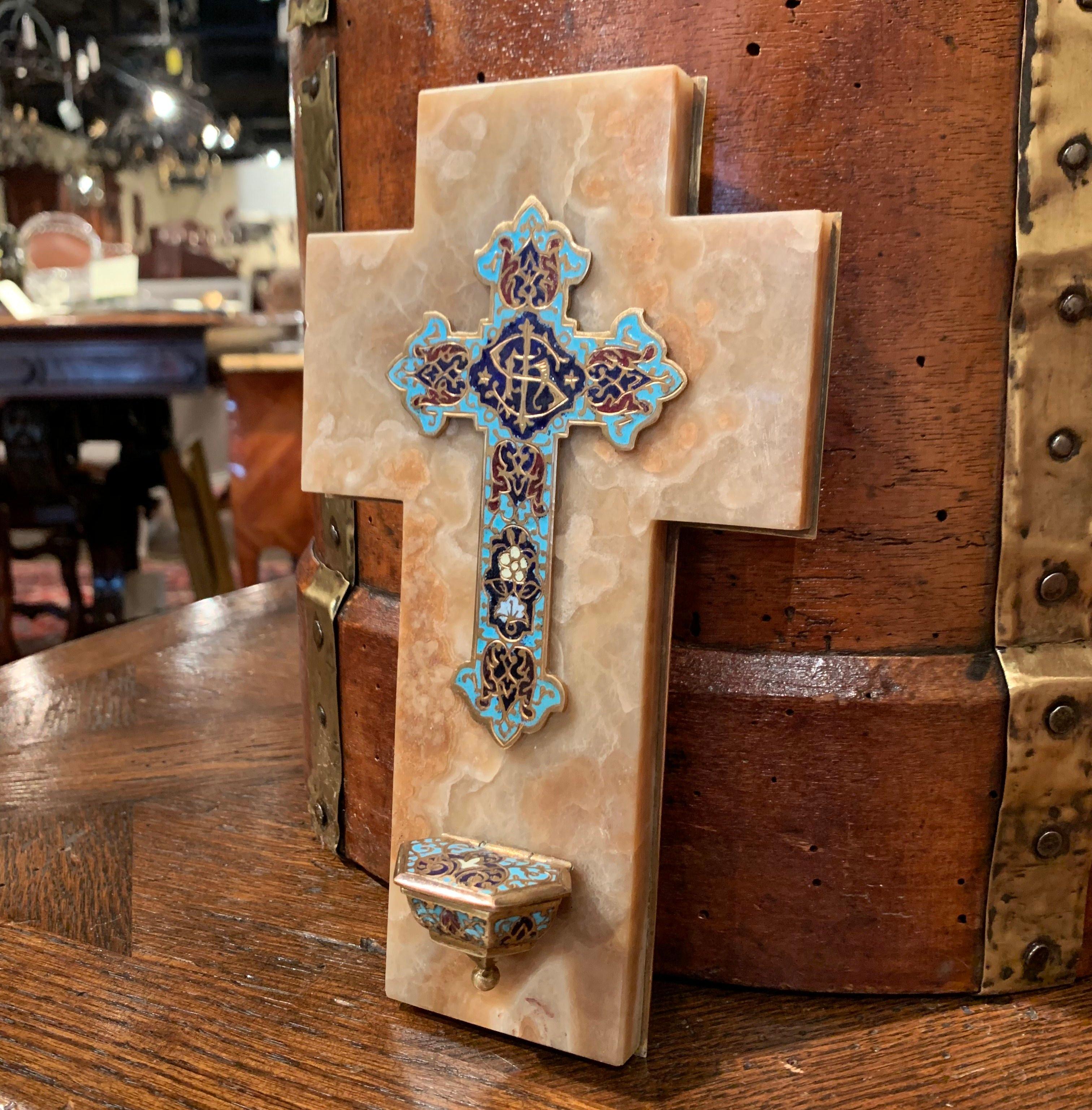This large marble and brass cross with holy water recipient was created in France, circa 1880. The antique piece features beautiful, intricate cloisonné work with enamel, stone and bronze and a gleaming variegated marble plaque. Cloisonné or