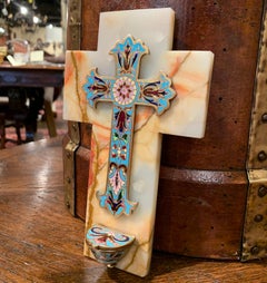 19th Century French Brass & Cloisonné Cross with Holy Water Font on Beige Marble