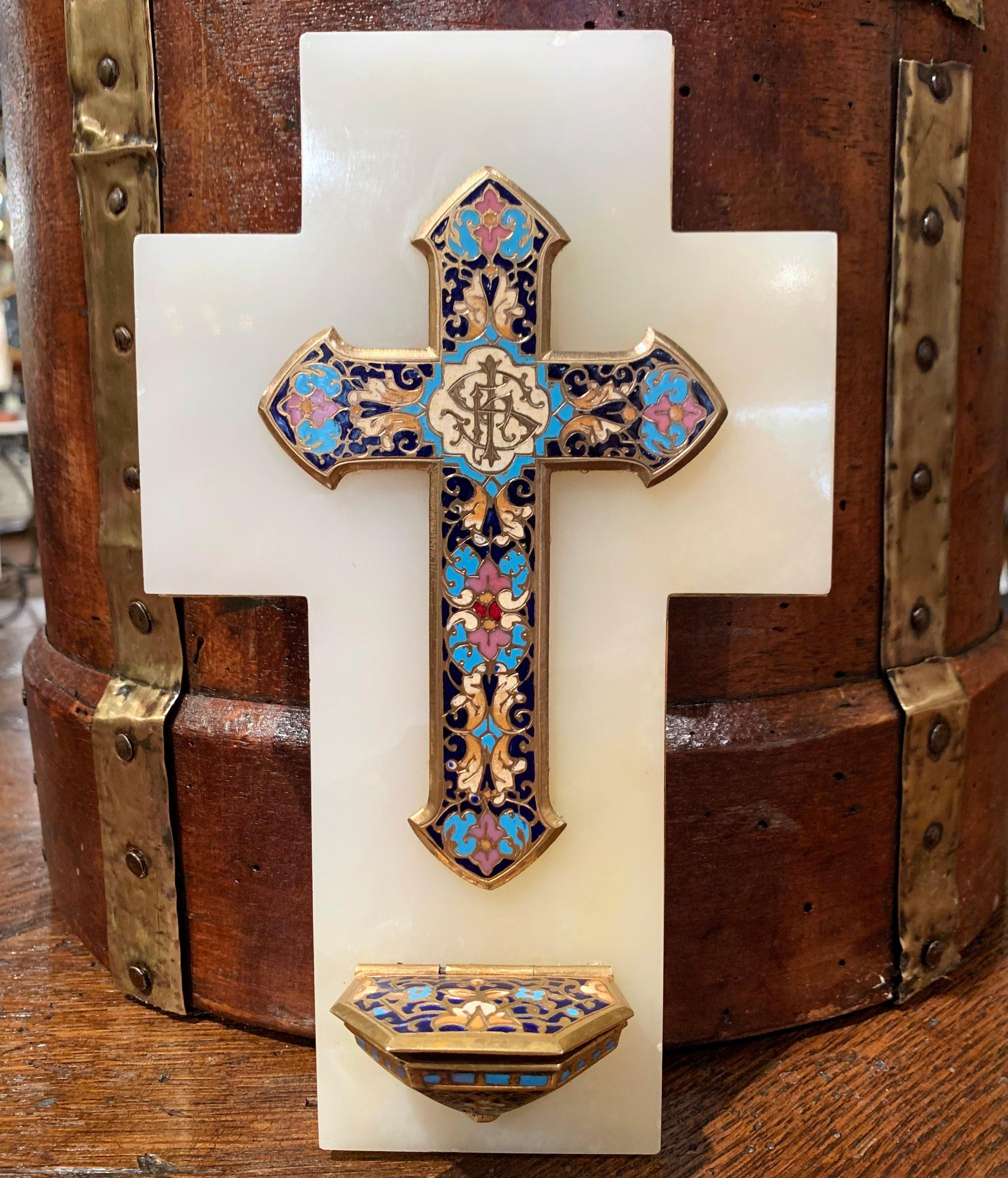 Cloissoné 19th Century French Brass & Cloisonné Cross with Holy Water Font on Beige Marble